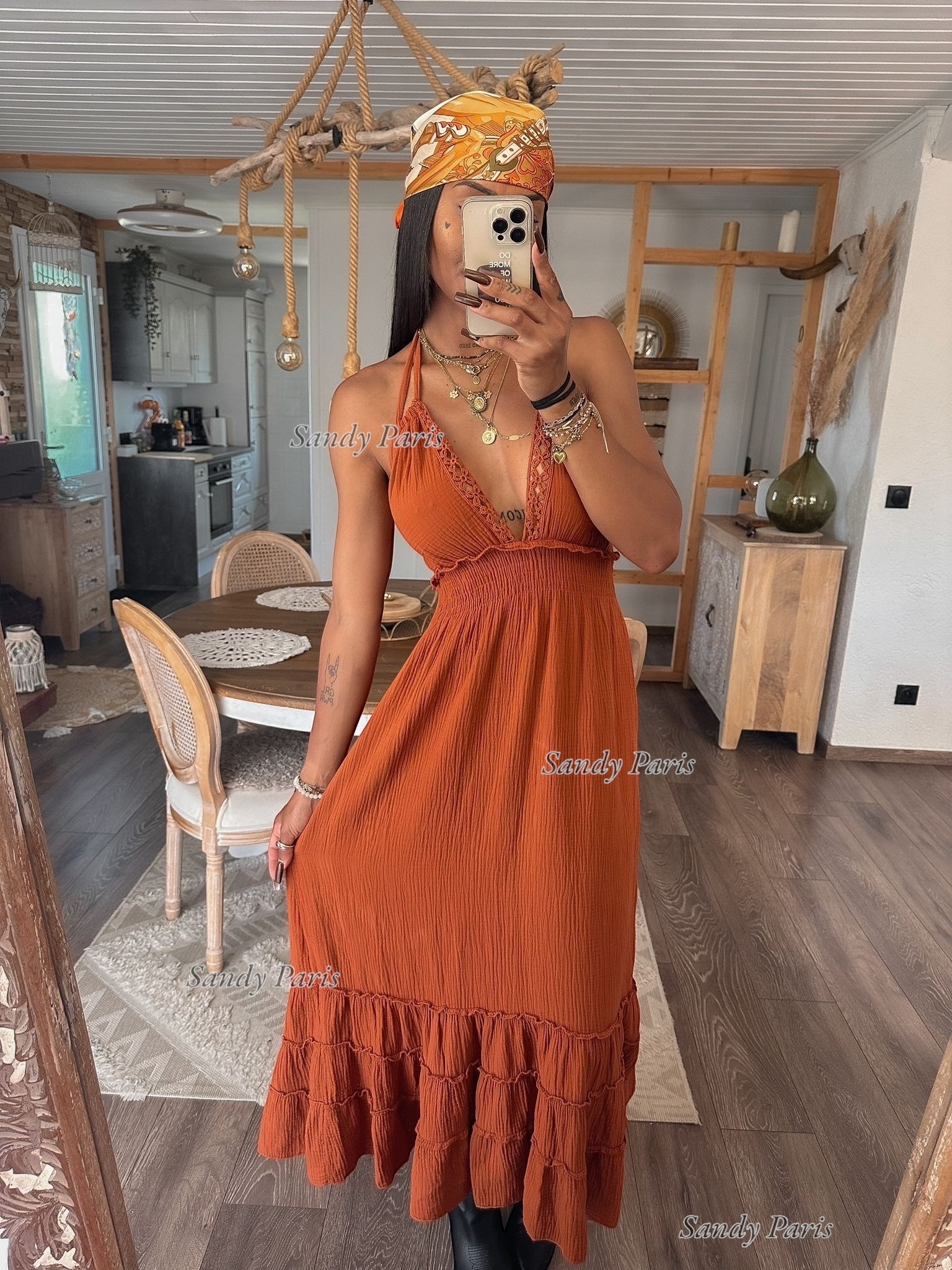 Großhändler Sandy Paris - Langes Kleid aus Baumwollgaze – Bohemian Eleganz und Fließend