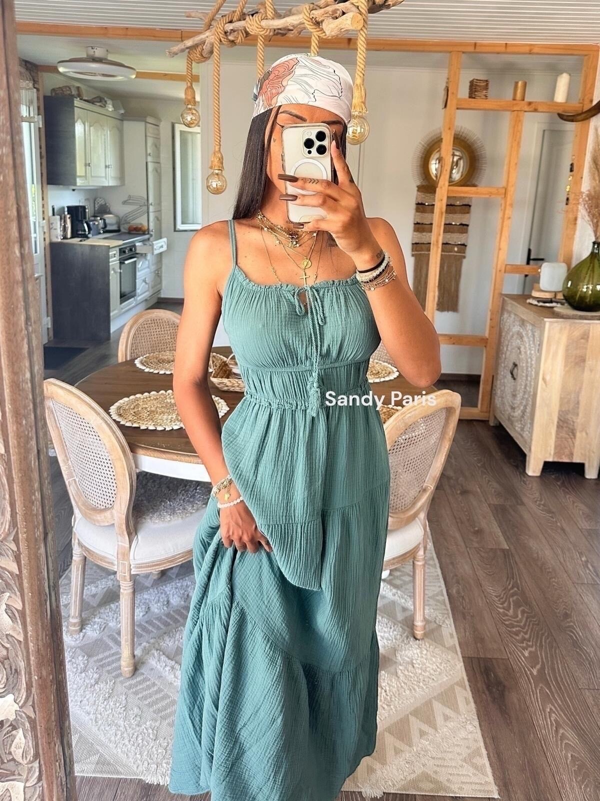 Grossista Sandy Paris - Abito Lungo in Garza di Cotone con Spalline Sottili - Eleganza Casual