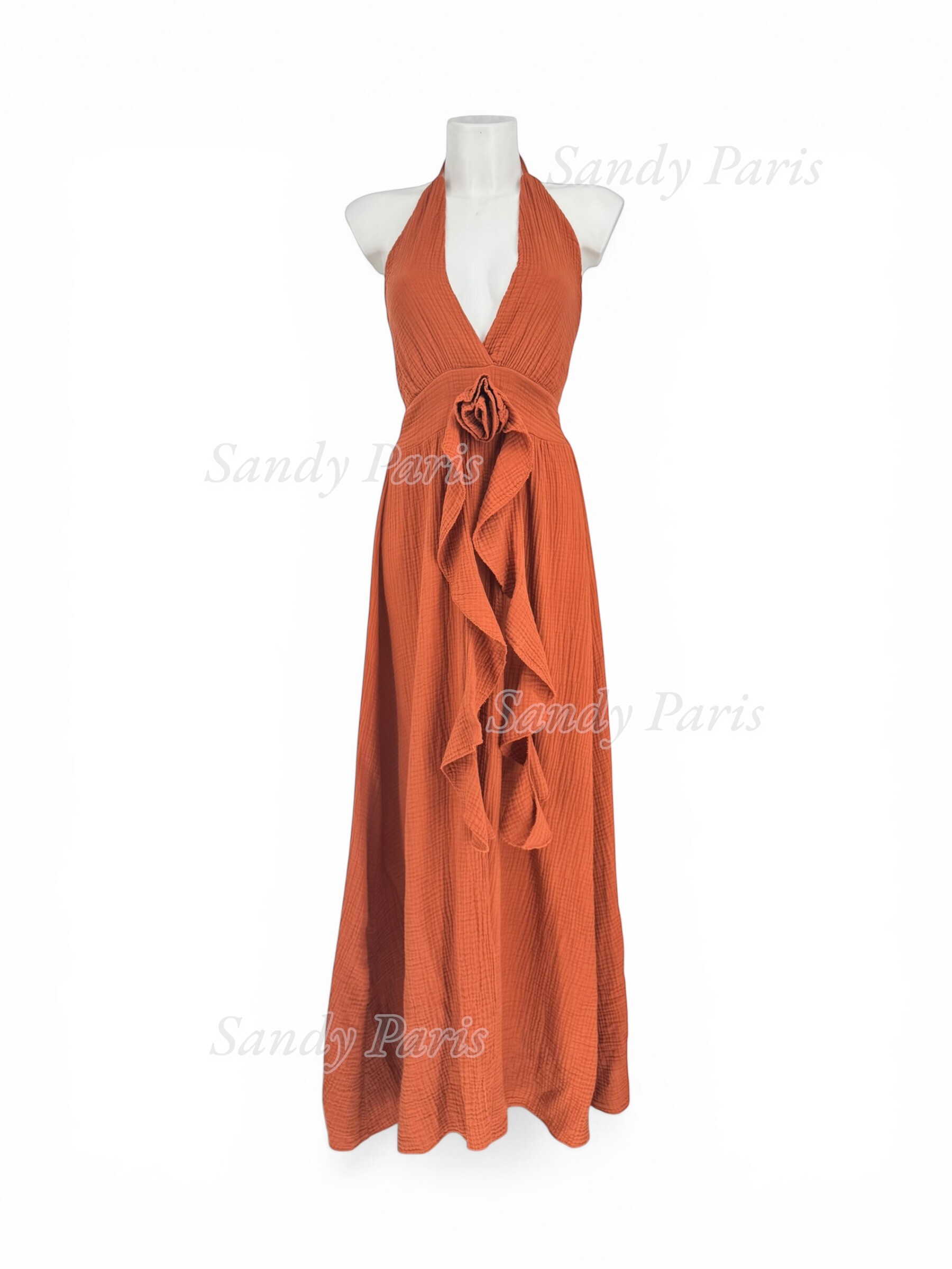 Großhändler Sandy Paris - Langes Kleid aus Baumwollgaze – Rückenfrei mit Blumendetail an der Taille