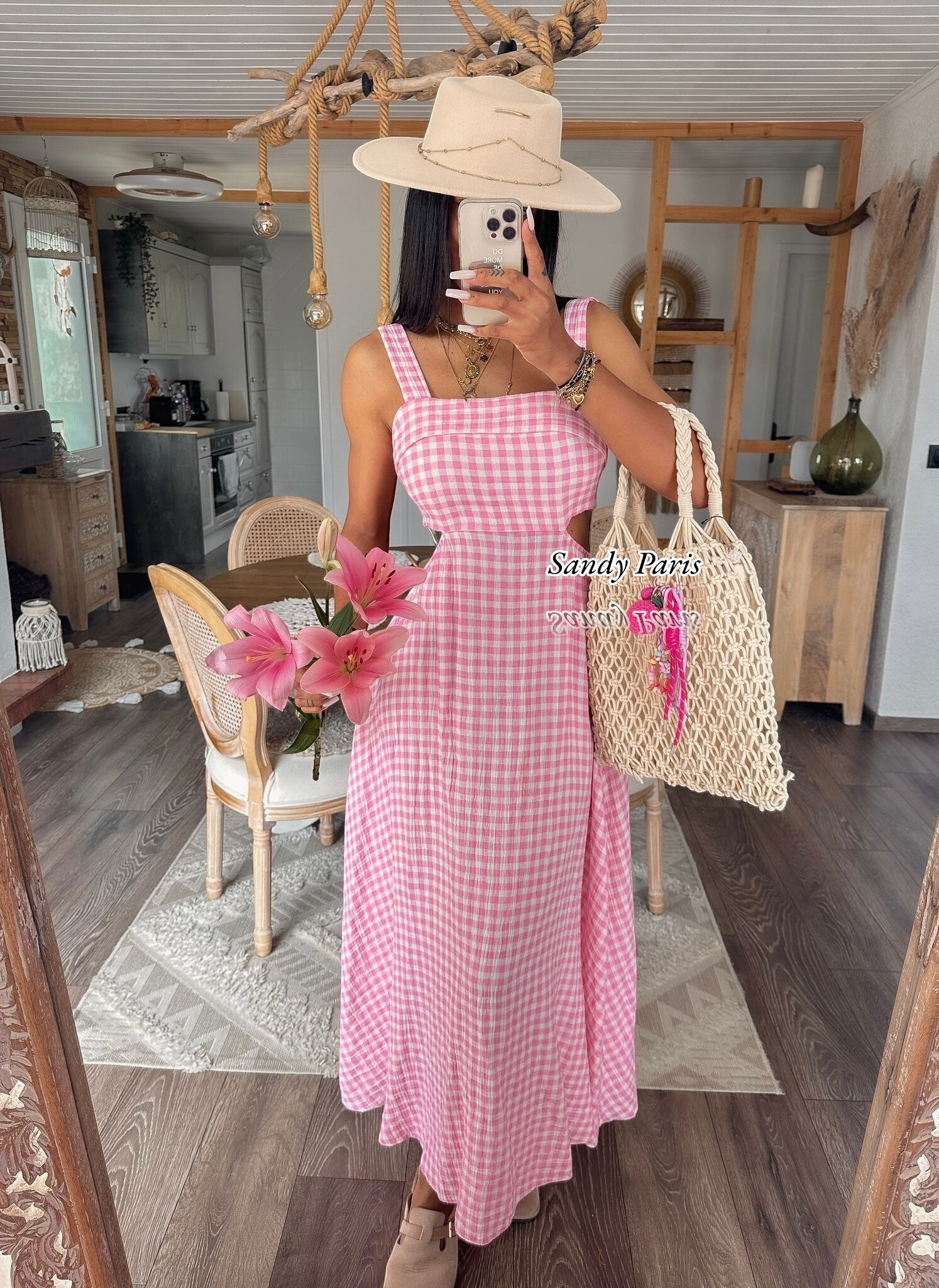 Grossiste Sandy Paris - Robe longue dos noué en coton gaze à carreaux