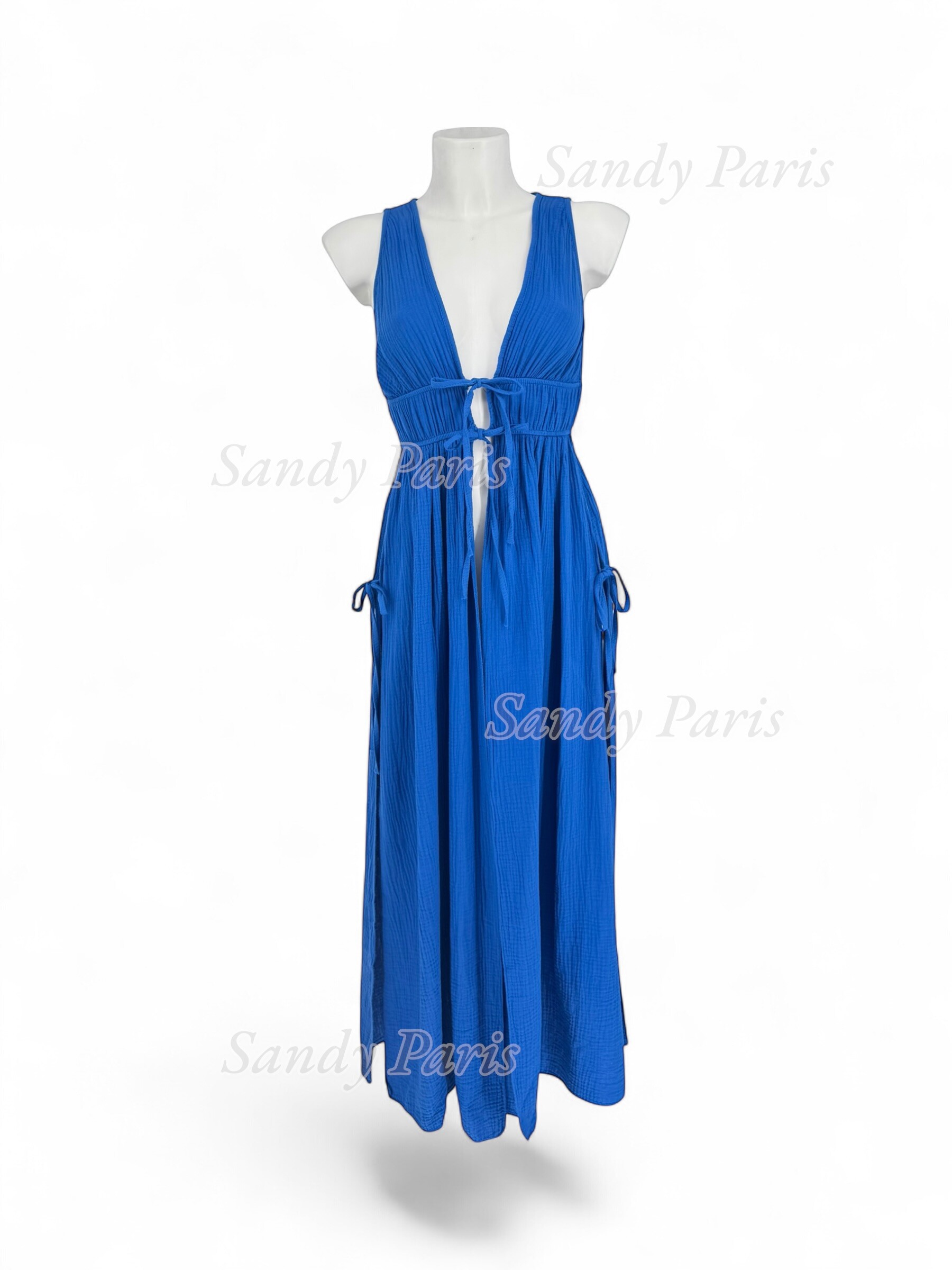 Großhändler Sandy Paris - Langes Kleid aus Baumwollgaze mit tiefem Ausschnitt und Bindebändern