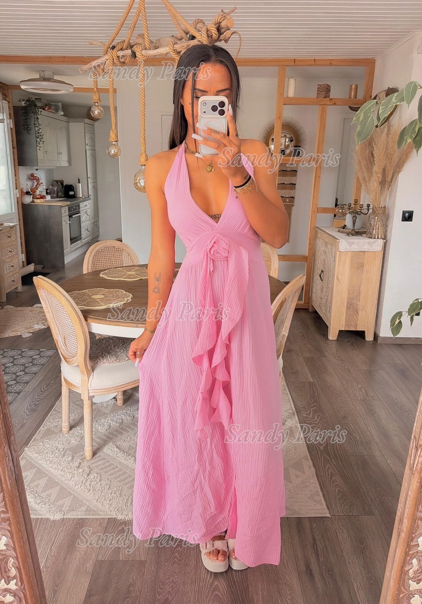 Mayorista Sandy Paris - Vestido largo de gasa de algodón – Espalda descubierta con detalle floral en la cintura