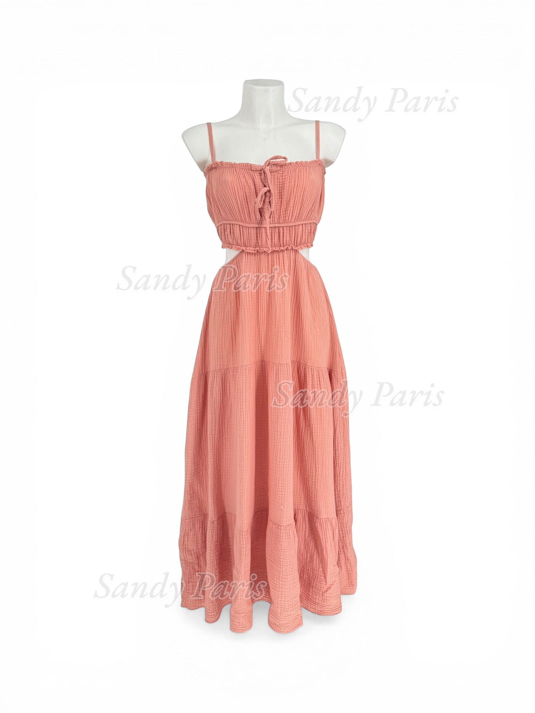Mayorista Sandy Paris - Vestido largo de gasa de algodón con tirantes, con detalle anudado y recortes