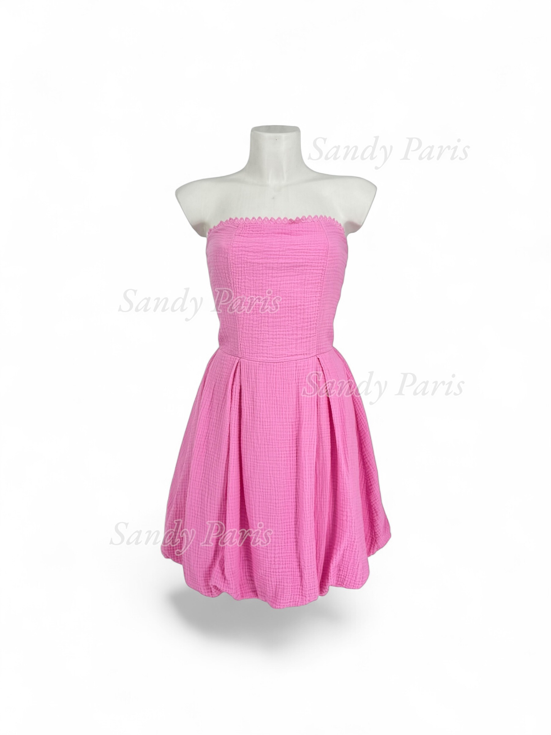 Grossista Sandy Paris - Abito senza spalline in garza di cotone con finiture in pizzo