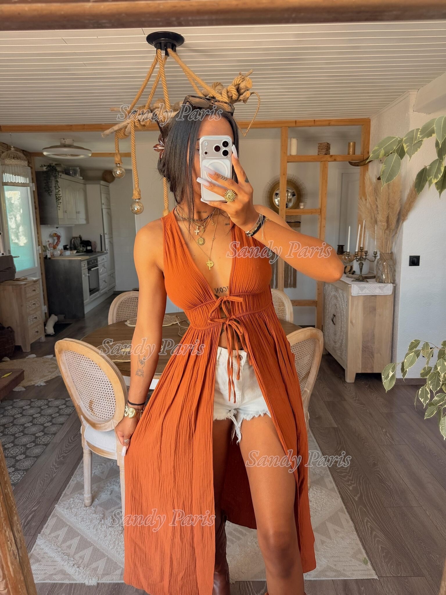 Großhändler Sandy Paris - Langes Kleid aus Baumwollgaze mit tiefem Ausschnitt und Bindebändern