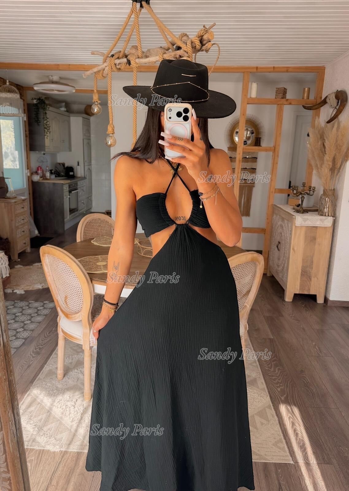 Mayorista Sandy Paris - Vestido largo con espalda descubierta en gasa de algodón – Silueta moderna y femenina