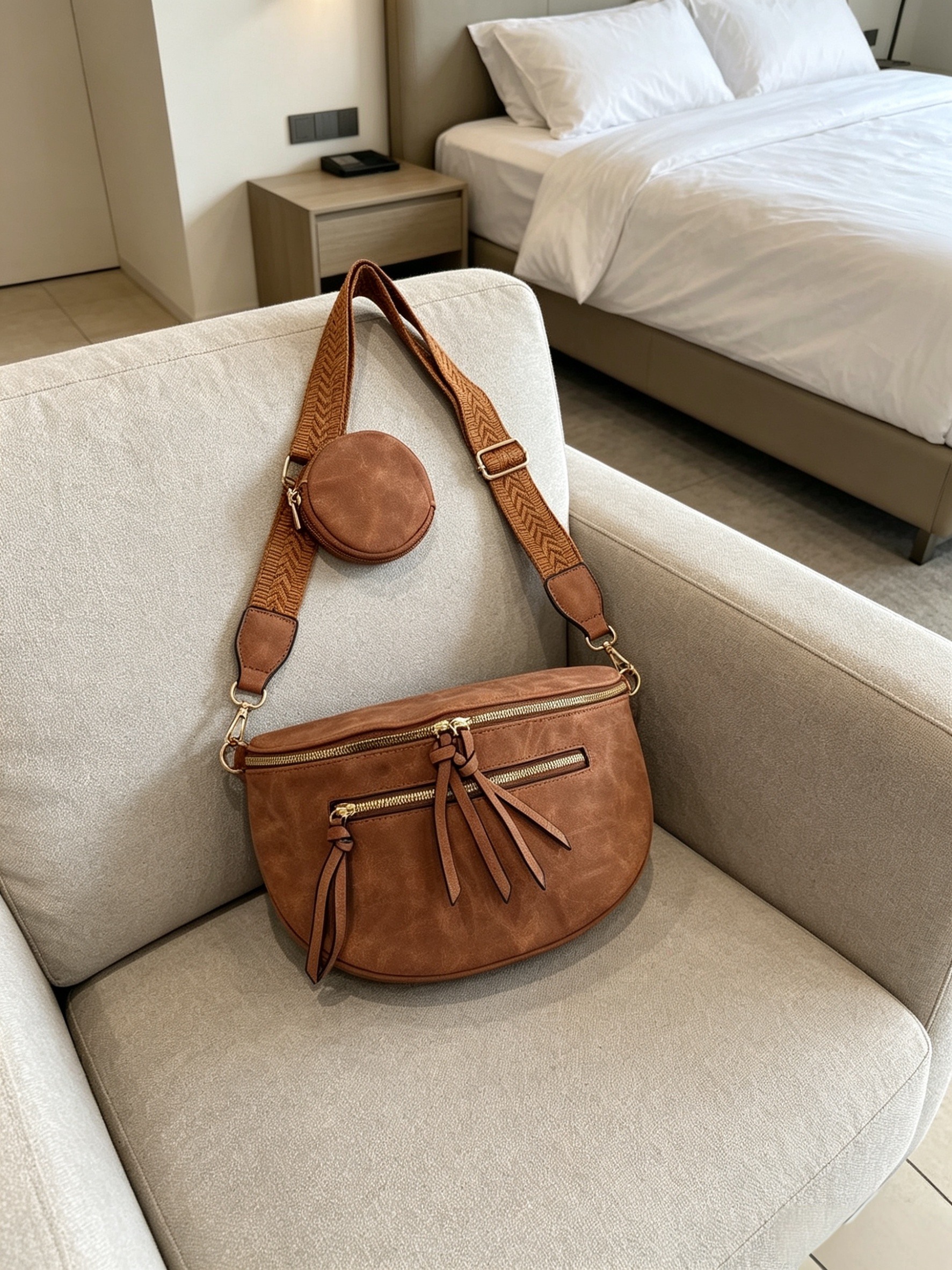 Grossiste Sandy Paris - Sac banane avec Porte Monnaie et bandoulière tissée large 5cm amovible