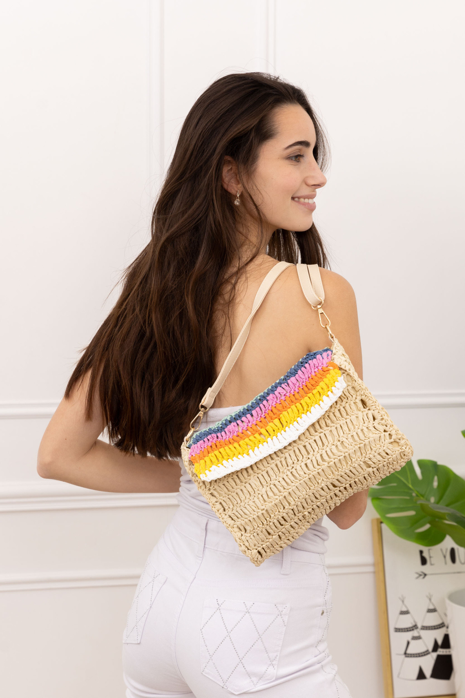 Grossista Sandy Paris - Borsa da spiaggia intrecciata multicolore con tracolle