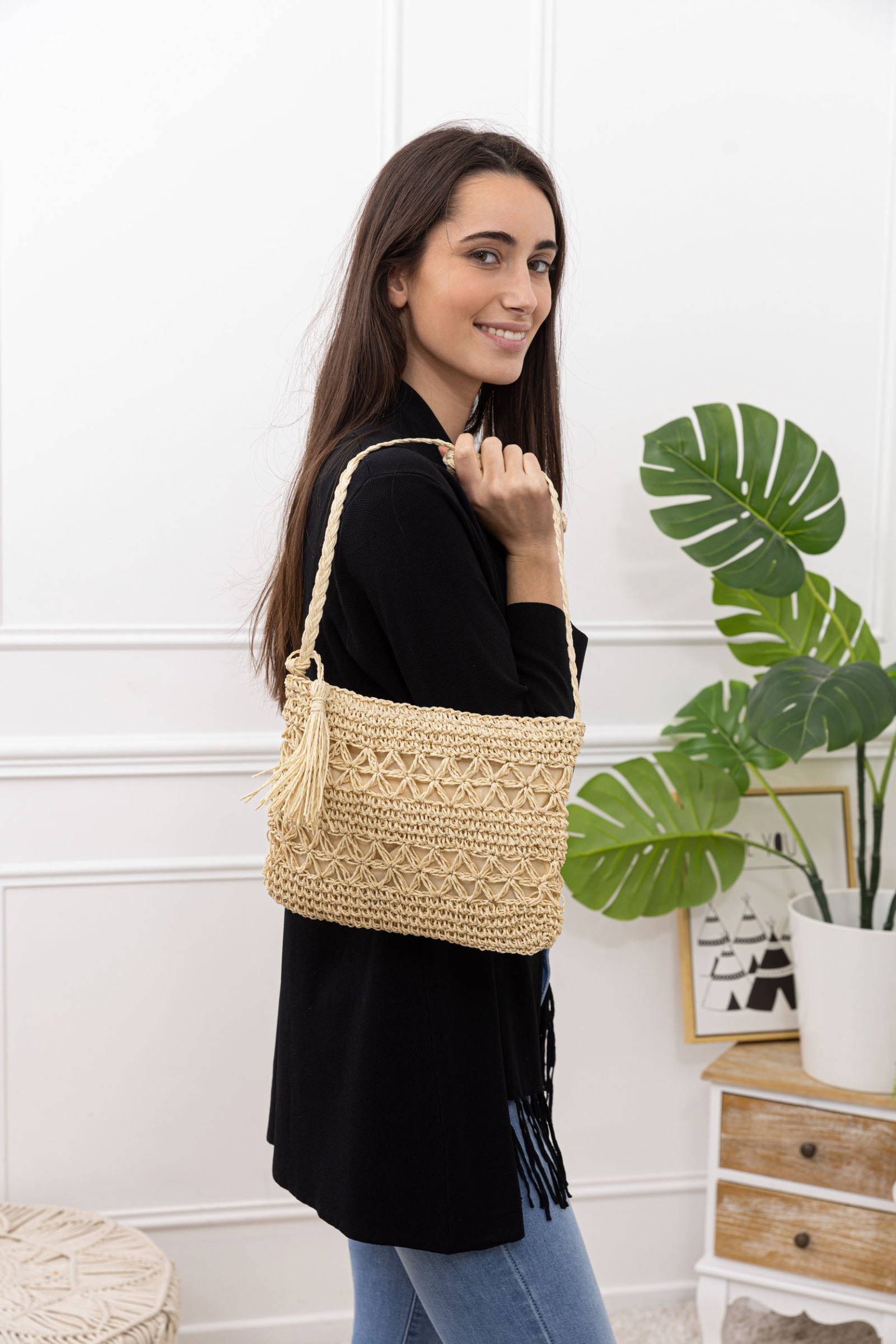Grossista Sandy Paris - Borsa da spiaggia intrecciata con tracolla in macramè
