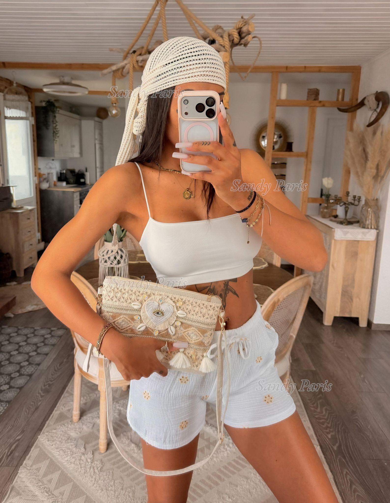 Großhändler Sandy Paris - Bestickte Baumwollgaze-Shorts – Natürlicher & Bequemer Stil