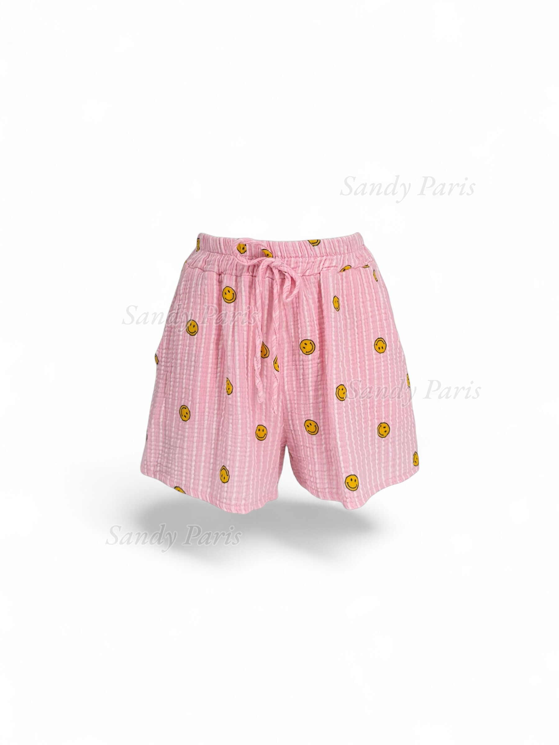 Großhändler Sandy Paris - Gestreifte Shorts mit Smiley-Print aus Baumwollgaze