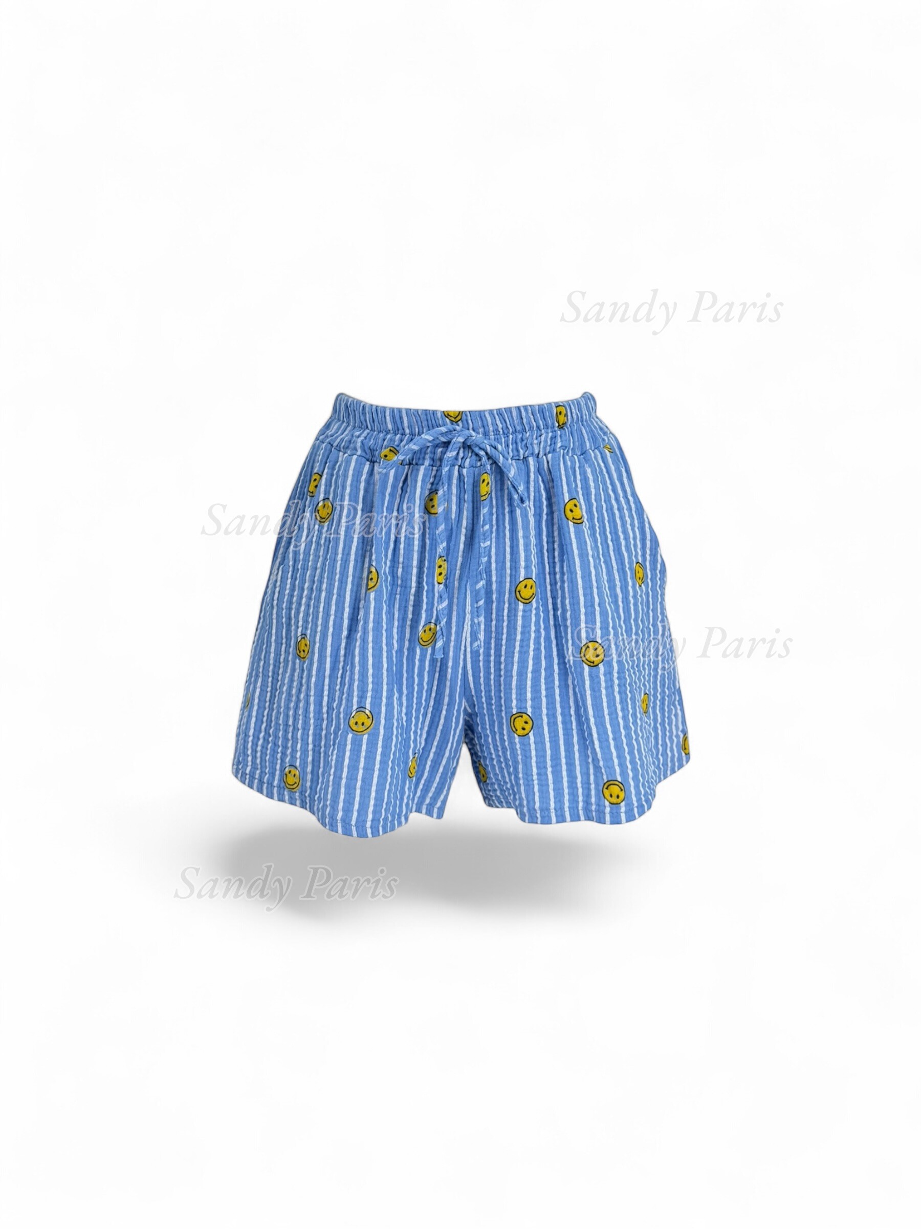 Großhändler Sandy Paris - Gestreifte Shorts mit Smiley-Print aus Baumwollgaze