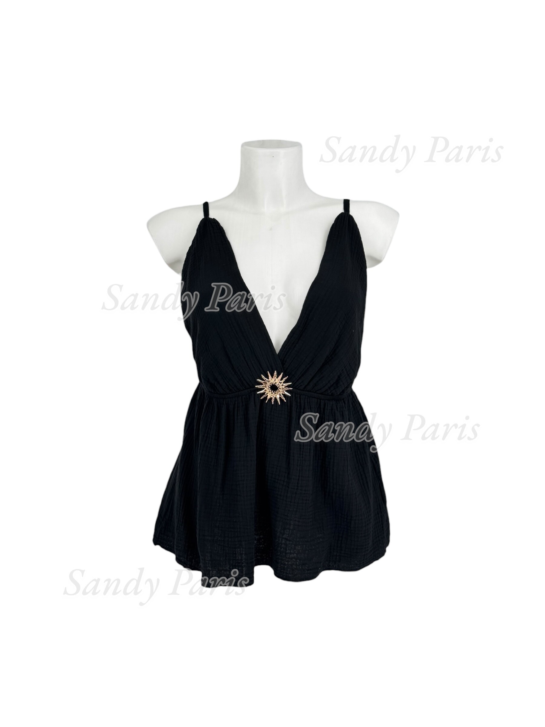 Mayorista Sandy Paris - Top fluido de gasa de algodón con escote en V, broche de sol y tirantes ajustables