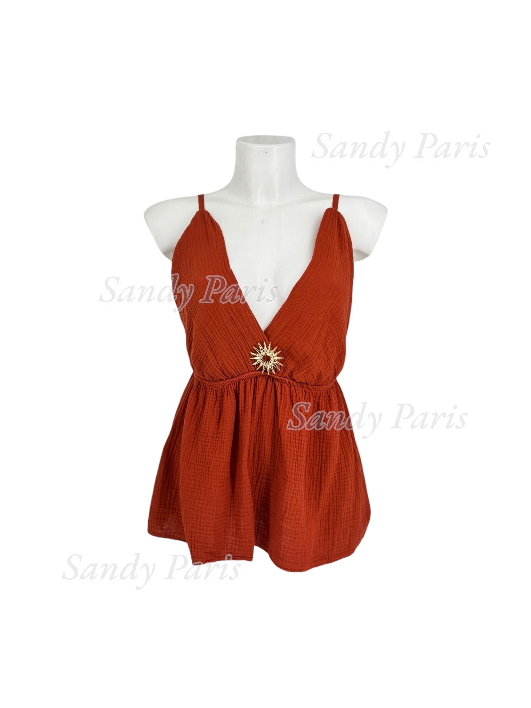 Grossista Sandy Paris - Top fluido in garza di cotone con scollo a V, spilla sole e spalline regolabili