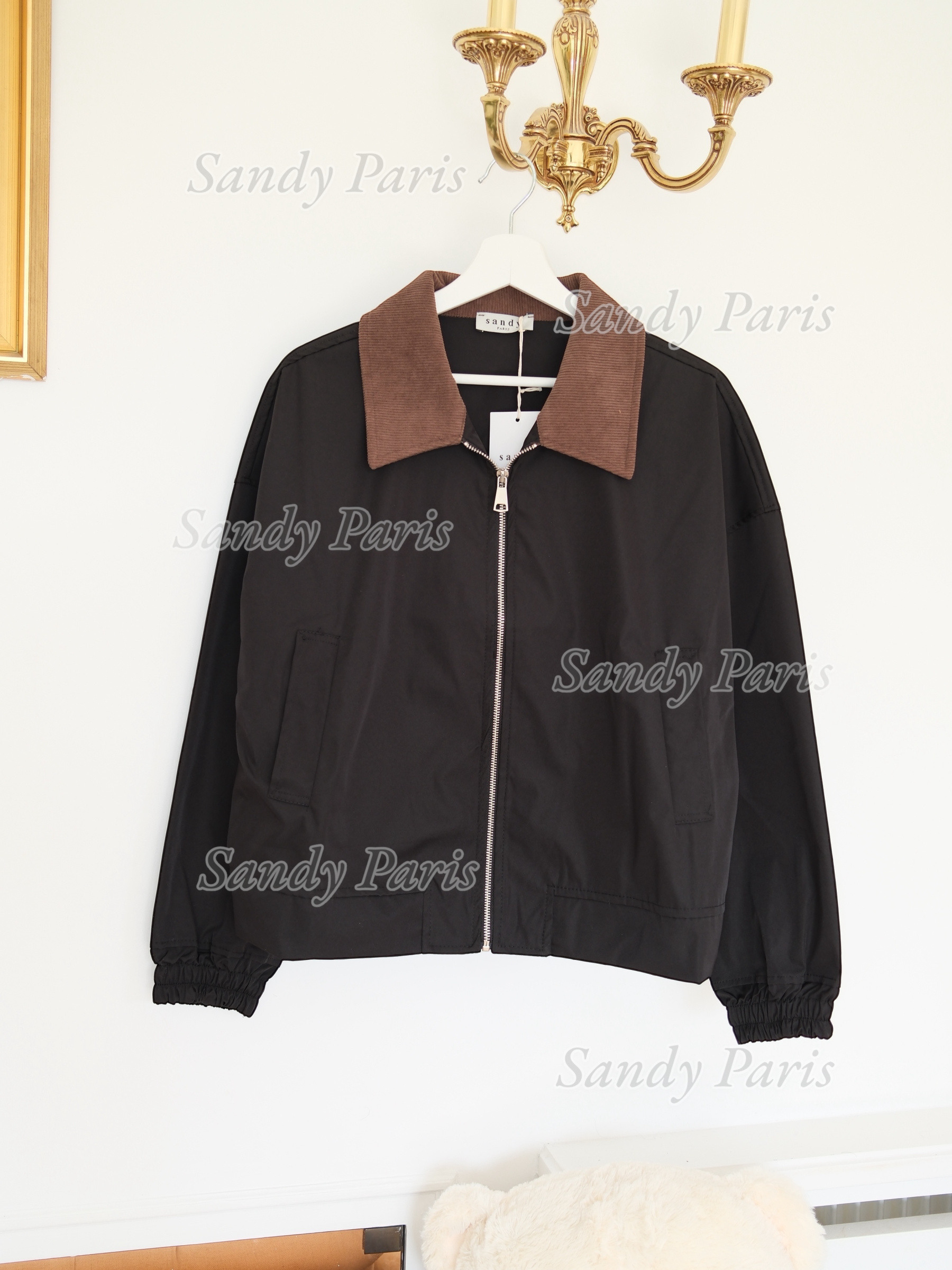 Grossiste Sandy Paris - Veste zippée style casual col en velours côtelé contrastant et poches latérales