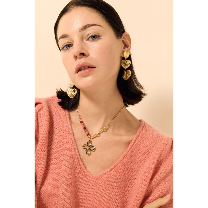 Wholesaler Satine - Hammered Clover Pendant Necklace with Stone Beads