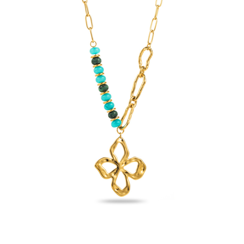 Mayorista Satine - Collar colgante de trébol martillado con cuentas de piedra