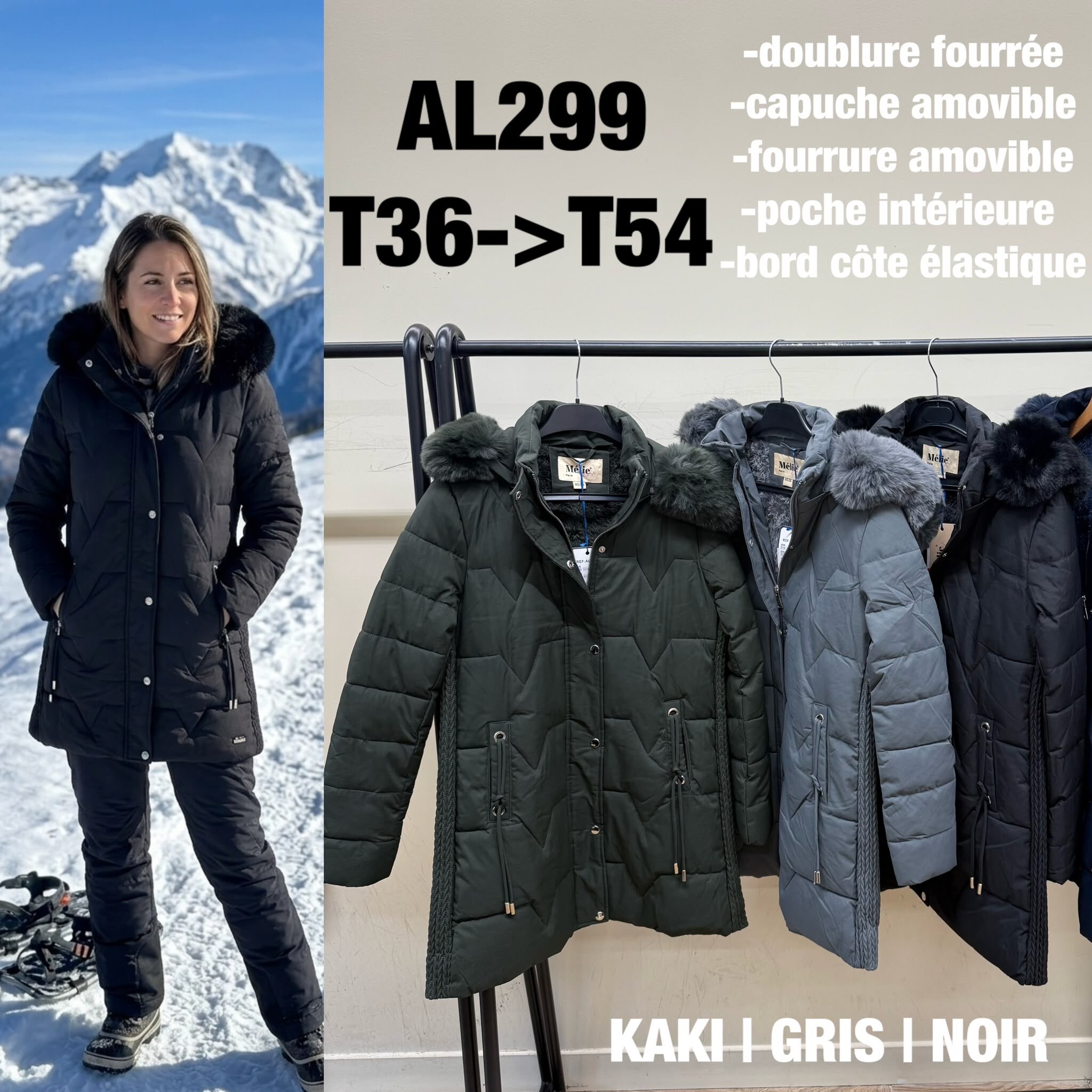 Großhändler SATURNE PARIS - BIG SIZE - Mittellanger Stepp-Parka mit Fleecefutter und abnehmbarer Fellkapuze – AL299