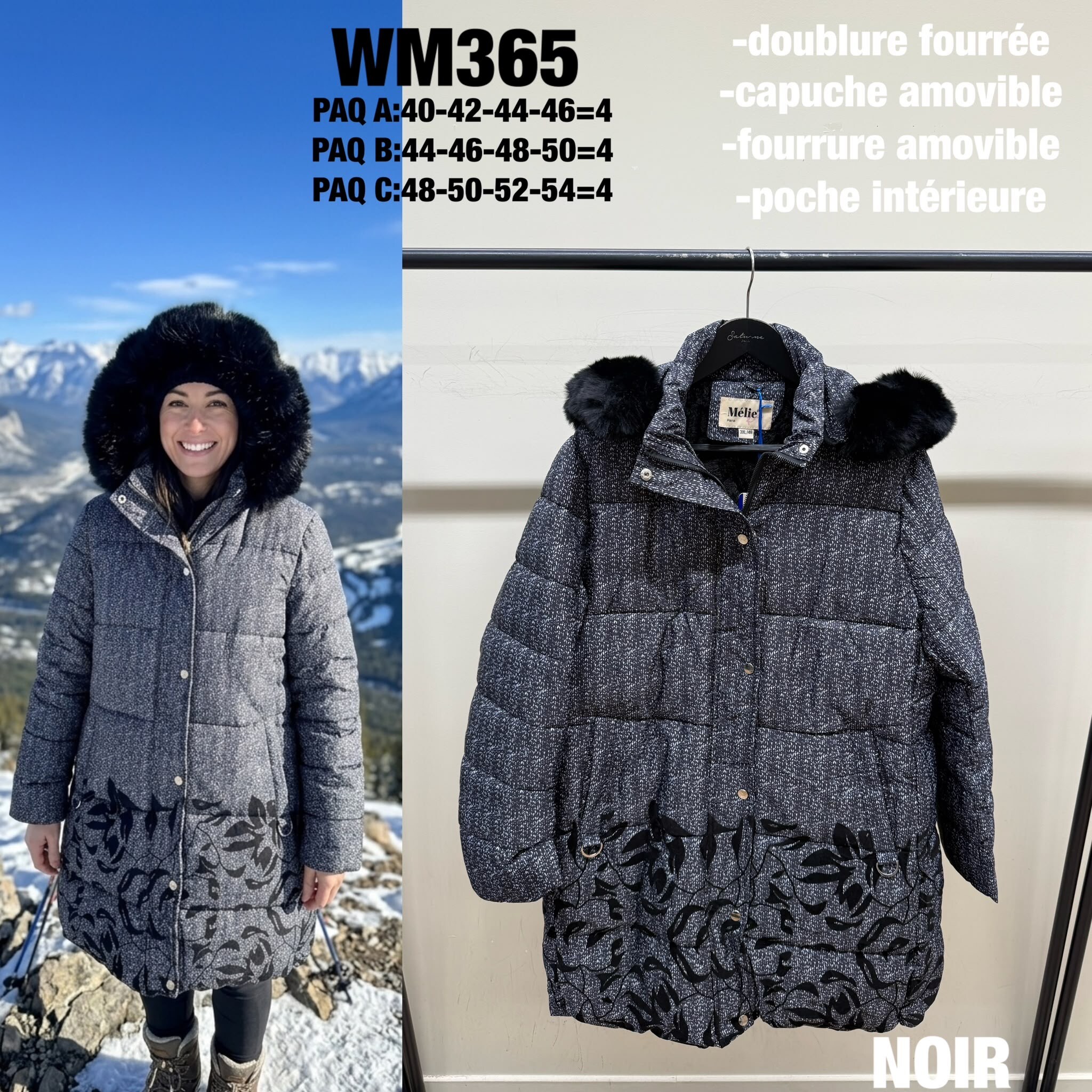 Wholesaler Saturne Paris - Big Size Exclusive - Mid-length puffer jacket with chevron and floral print WM365 – Women's coat wholesaler – Lined with fleece, Removable hood and fur – Sizes 40 to 54 (Large