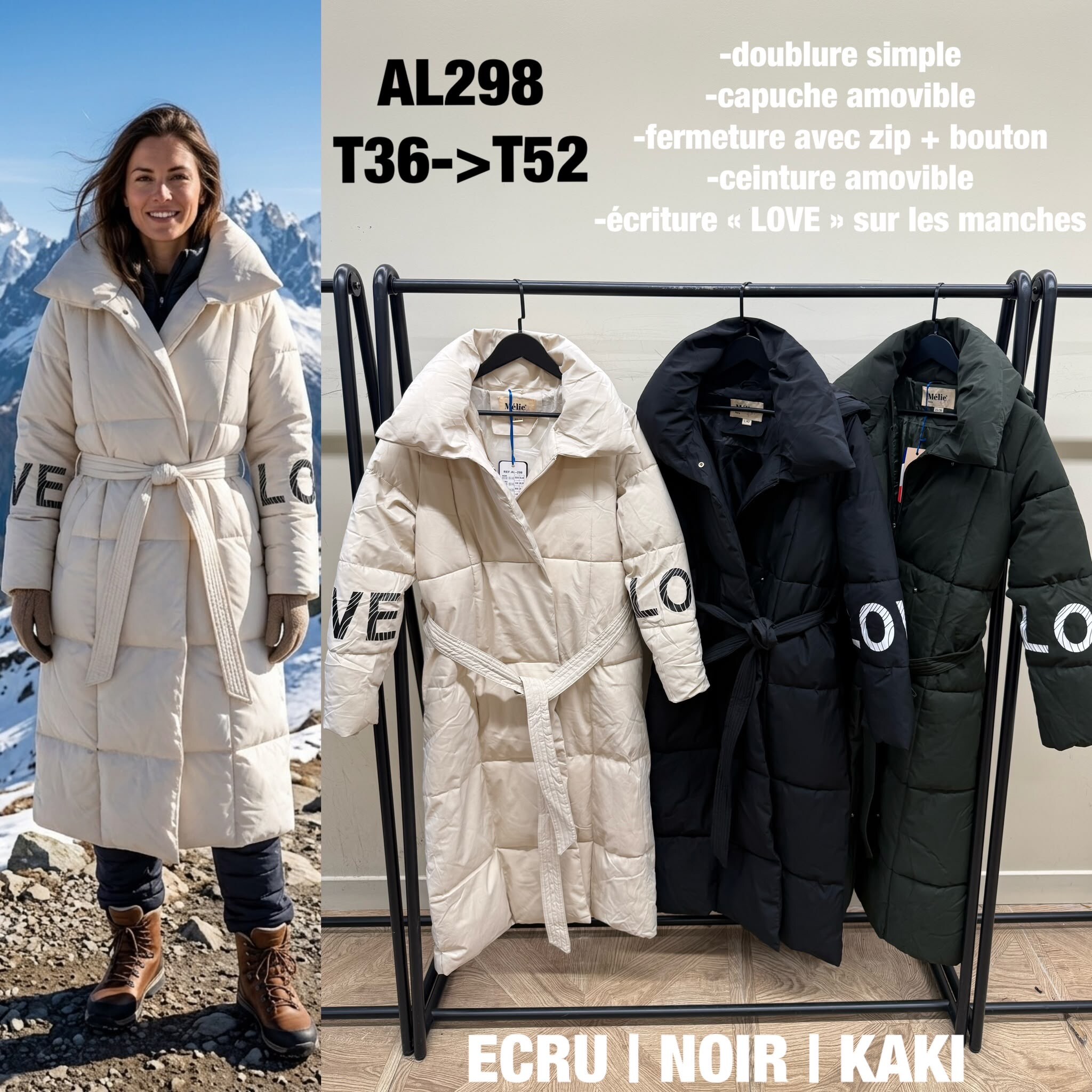 Großhändler SATURNE PARIS - BIG SIZE - Langer Gürtel Oversize Daunenmantel mit Ärmeln LOVE – AL298