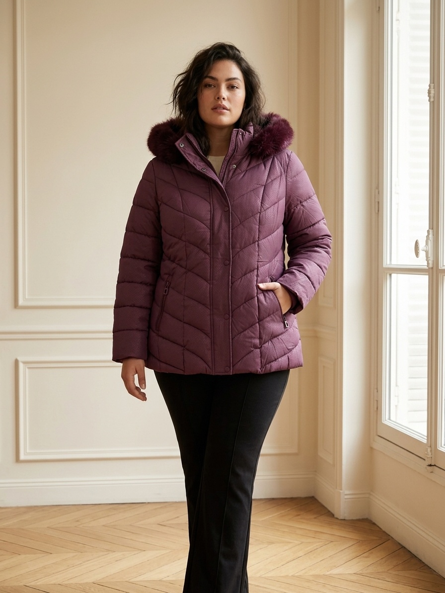 Wholesaler Saturne Paris - Big Size Exclusive - Short quilted puffer jacket TG111 – Women's coat wholesaler – Fleece lining, Removable hood, Elastic ribbed hem – Sizes 40 to 56 (Plus Size)