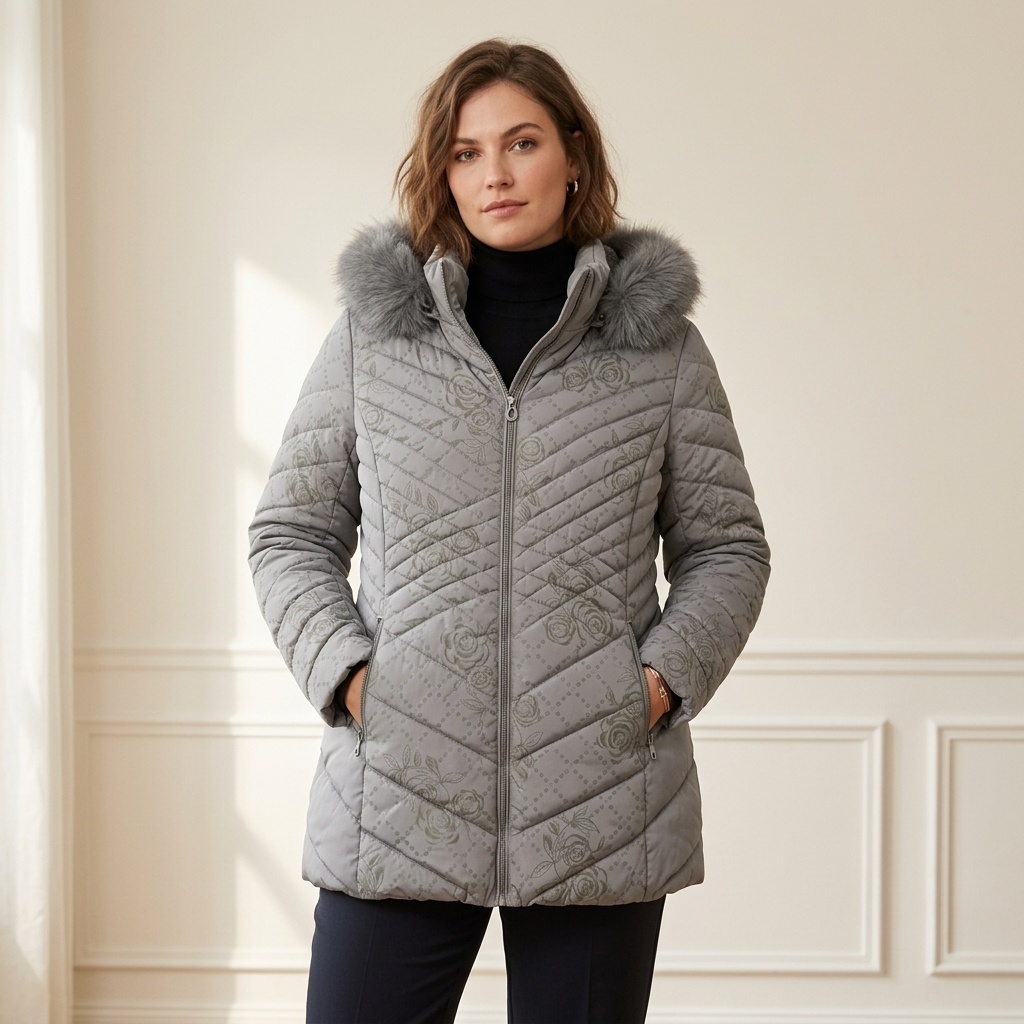 Wholesaler Saturne Paris - Big Size Exclusive - Mid-length quilted floral print puffer jacket WB610 – Women's coat wholesaler – Lined with fleece, Removable hood and fur – Sizes 40 to 54 (Large