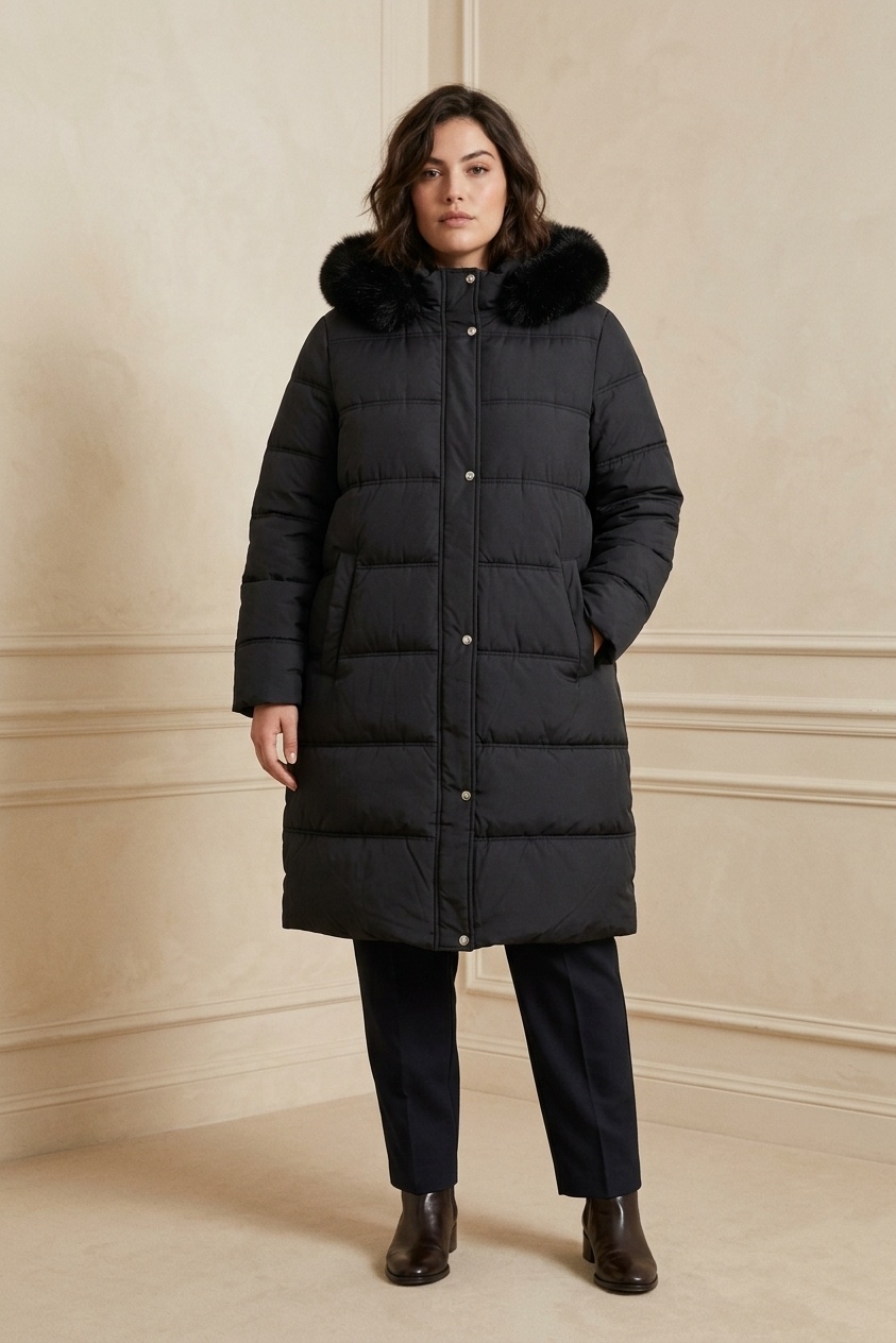 Wholesaler Saturne Paris - Big Size Exclusive - Long Plus Size Puffer Coat WM90 – Women's Coat Wholesaler – Lined with Fleece, Removable Hood and Fur – Sizes 46 to 56 (Plus Size)
