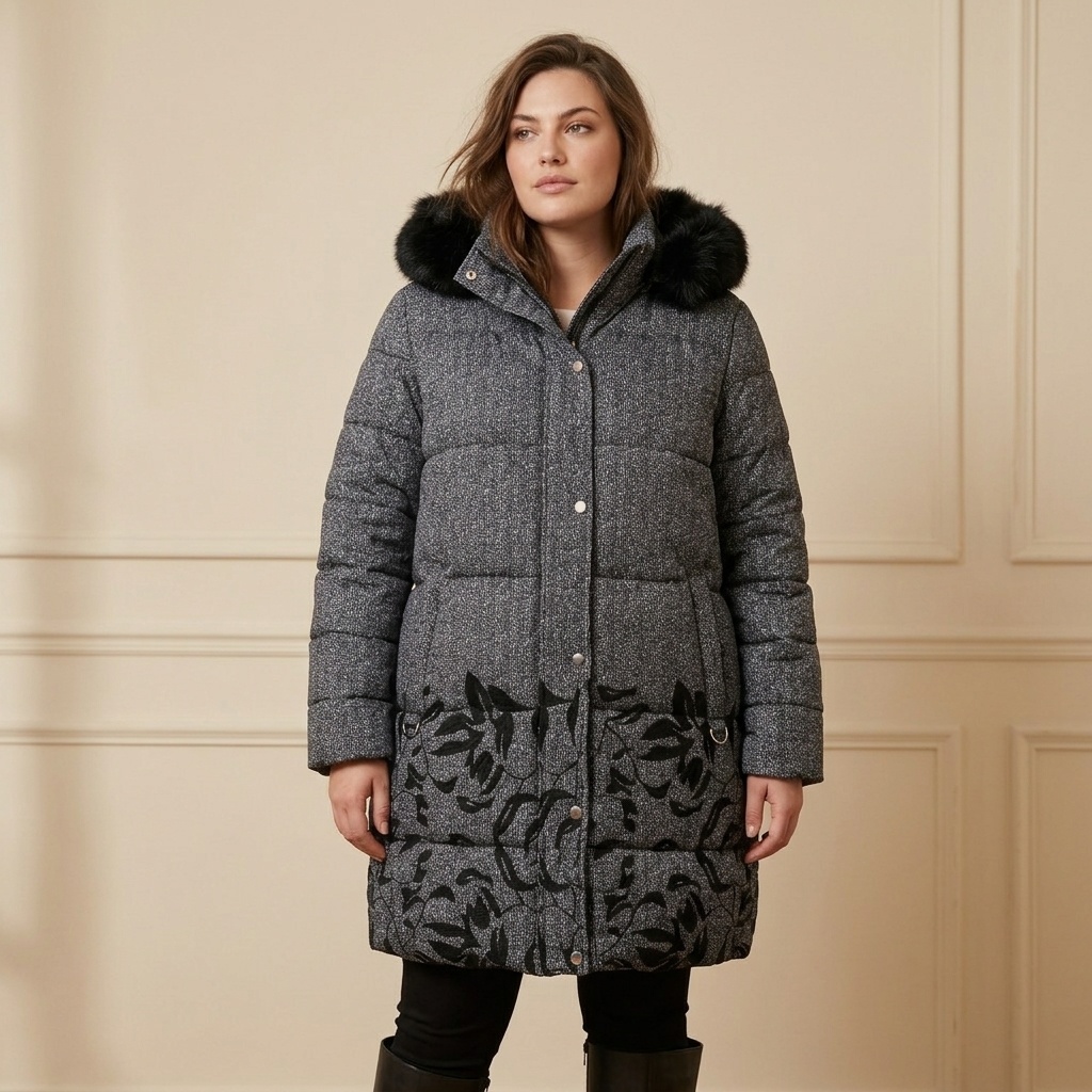 Wholesaler Saturne Paris - Big Size Exclusive - Mid-length puffer jacket with chevron and floral print WM365 – Women's coat wholesaler – Lined with fleece, Removable hood and fur – Sizes 40 to 54 (Large