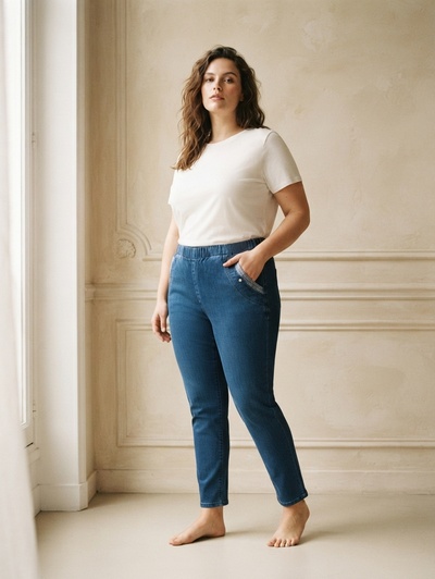 Grossiste Saturne Paris - Big Size Exclusive - Jean taille élastique NJ43 – Grossiste vêtements femme – Revers fixe, Doublure simple – Tailles T1 à T8 Grossiste Saturne Paris - Big Size Exclusive - Jean taille élastique NJ43 – Grossiste vêtements femme – Revers fixe, Doublure simple – Tailles T1 à T8