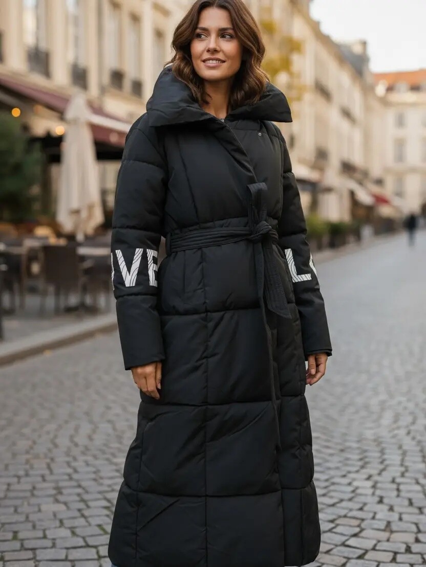 DOUDOUNE LONGUE, MUNIE DEUX POCHES À L'AVANT, UNE CAPUCHE AMOVIBLE, FERMETURE PAR BOUTON ET ZIP, IMPRIMÉ LOVE SUR LES MANCHES