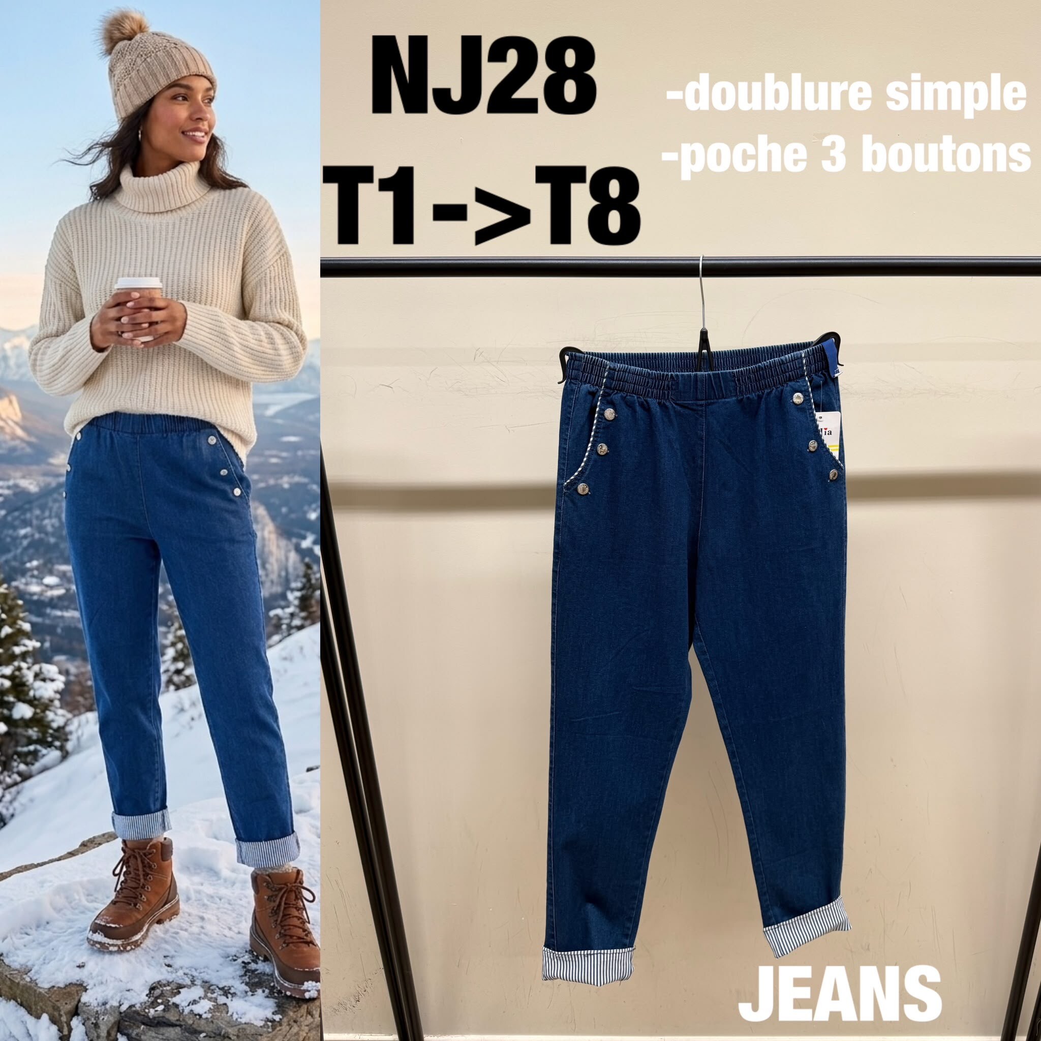 Wholesaler Saturne Paris - Big Size Exclusive - Elastic Waistband Striped Cuff Button Jeans – NJ28