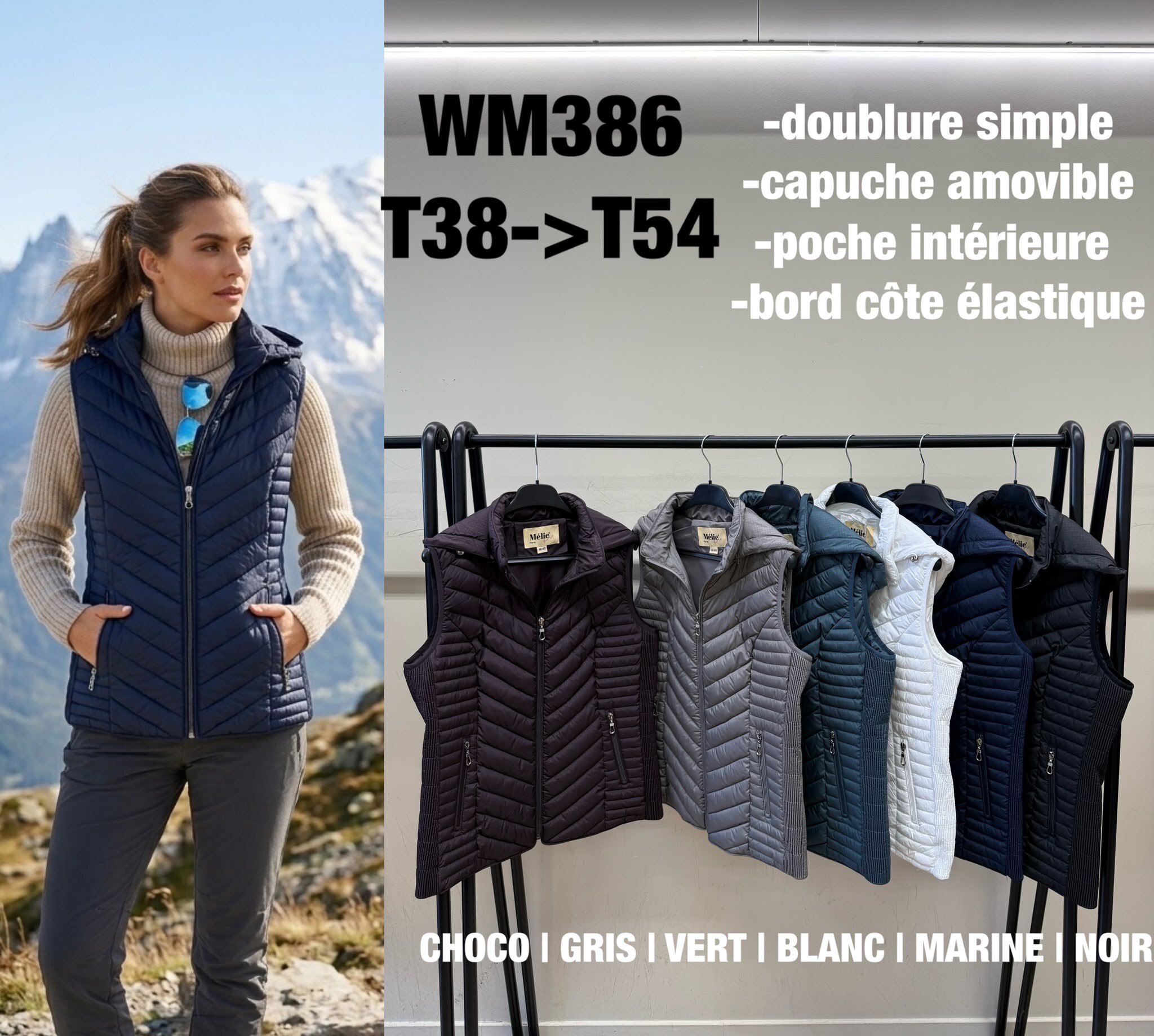 Wholesaler Saturne Paris - Big Size Exclusive - Chevron Quilted Sleeveless Vest with Removable Hood – WM386