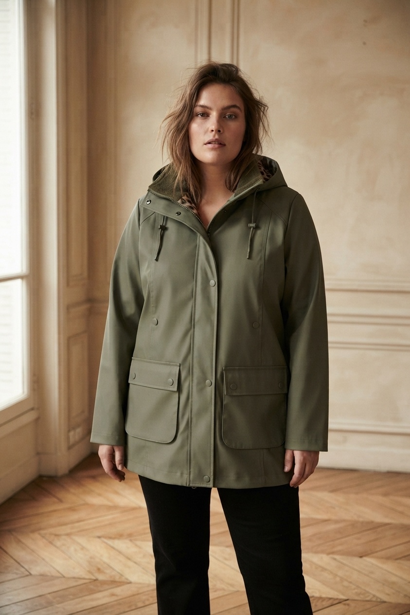 Großhändler Saturne Paris - Big Size Exclusive - Wasserdichte Jacke in großen Größen mit Kapuze – Leopardenfutter – Größen 40 bis 50