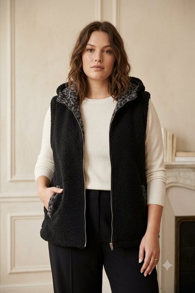 Großhändler Saturne Paris - Big Size Exclusive - Ärmellose Weste in großen Größen – Wende-Design mit Leopardenmuster – Abnehmbare Kapuze – Größen 40 bis 50 Großhändler Saturne Paris - Big Size Exclusive - Ärmellose Weste in großen Größen – Wende-Design mit Leopardenmuster – Abnehmbare Kapuze – Größen 40 bis 50