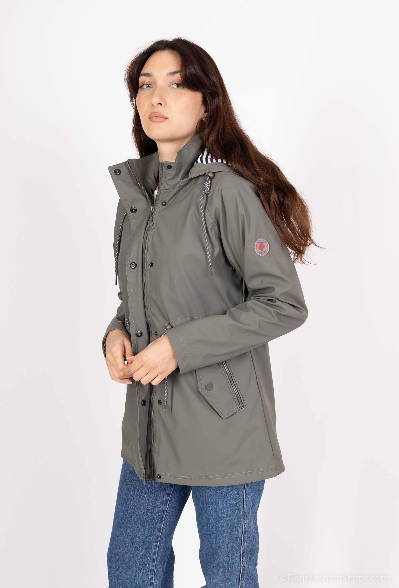Parka Imperméable mi-longue réversible, deux poches à l'avant, doublure réversible, capuche fixe