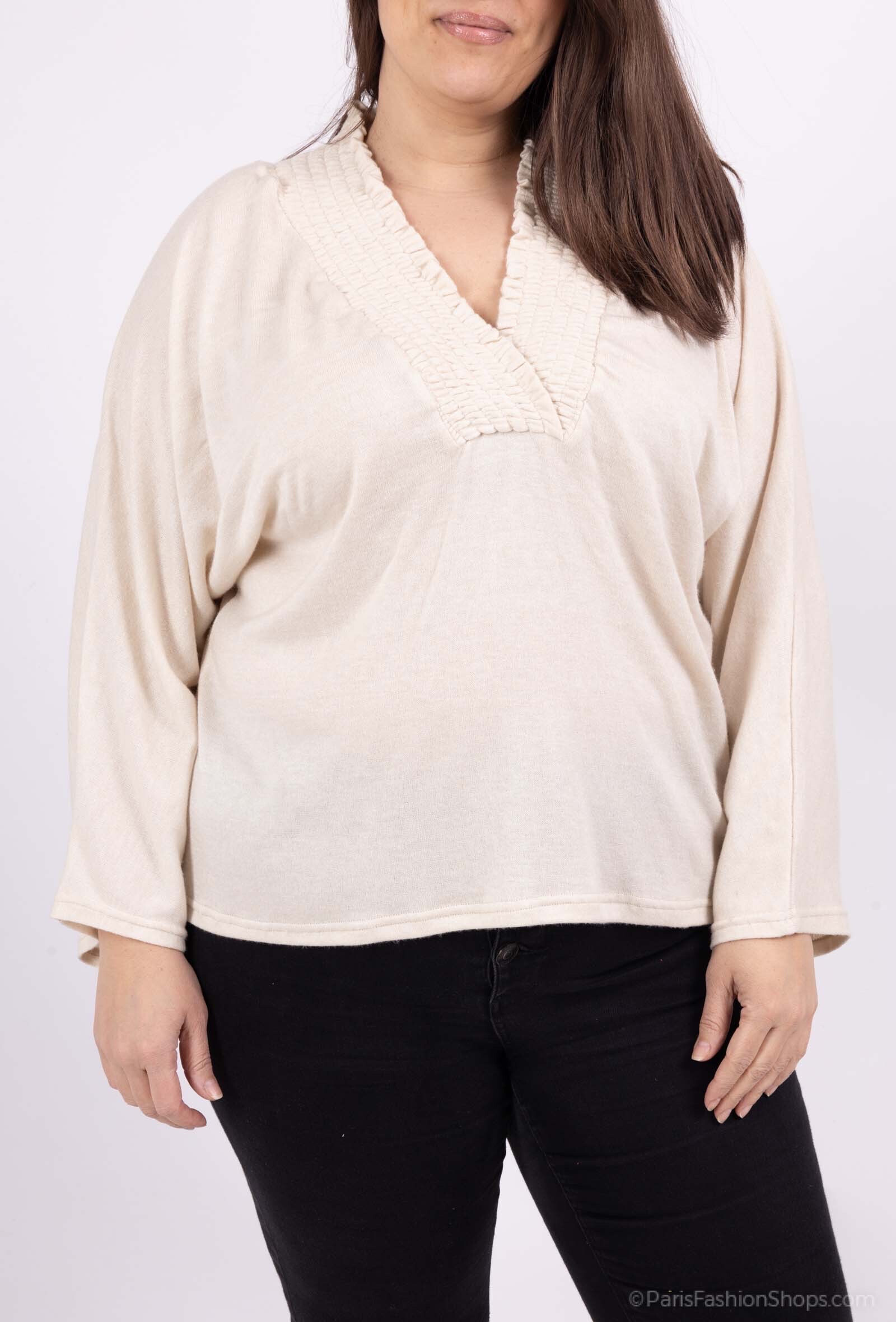 Grossiste See Modern Grandes Tailles - Blouse maille manches longues , col smockée en multi-lignes