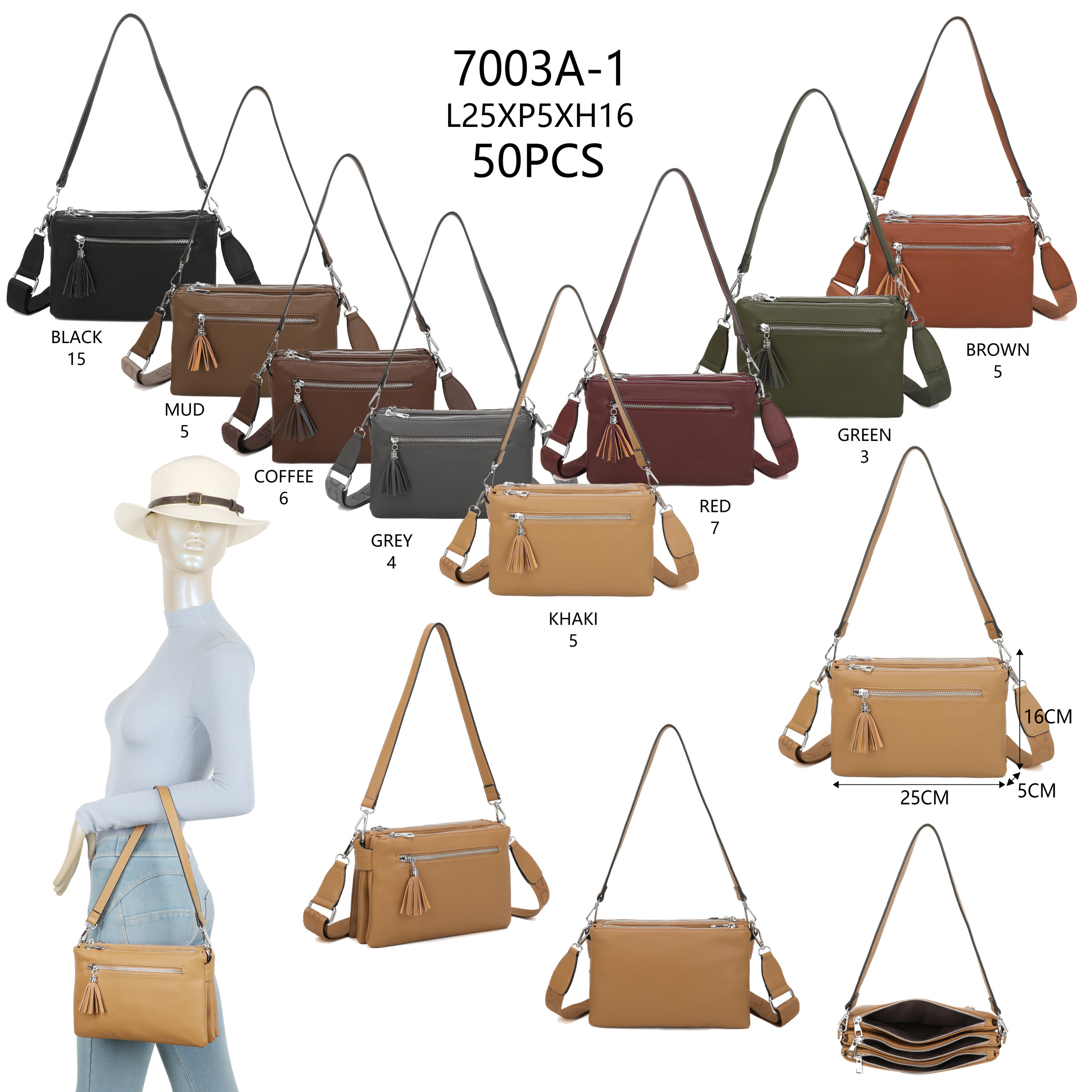Wholesaler SELINA & CO - CROSSBODY BAG WITH 3 COMPARTMENTS 3 ZIPPERS