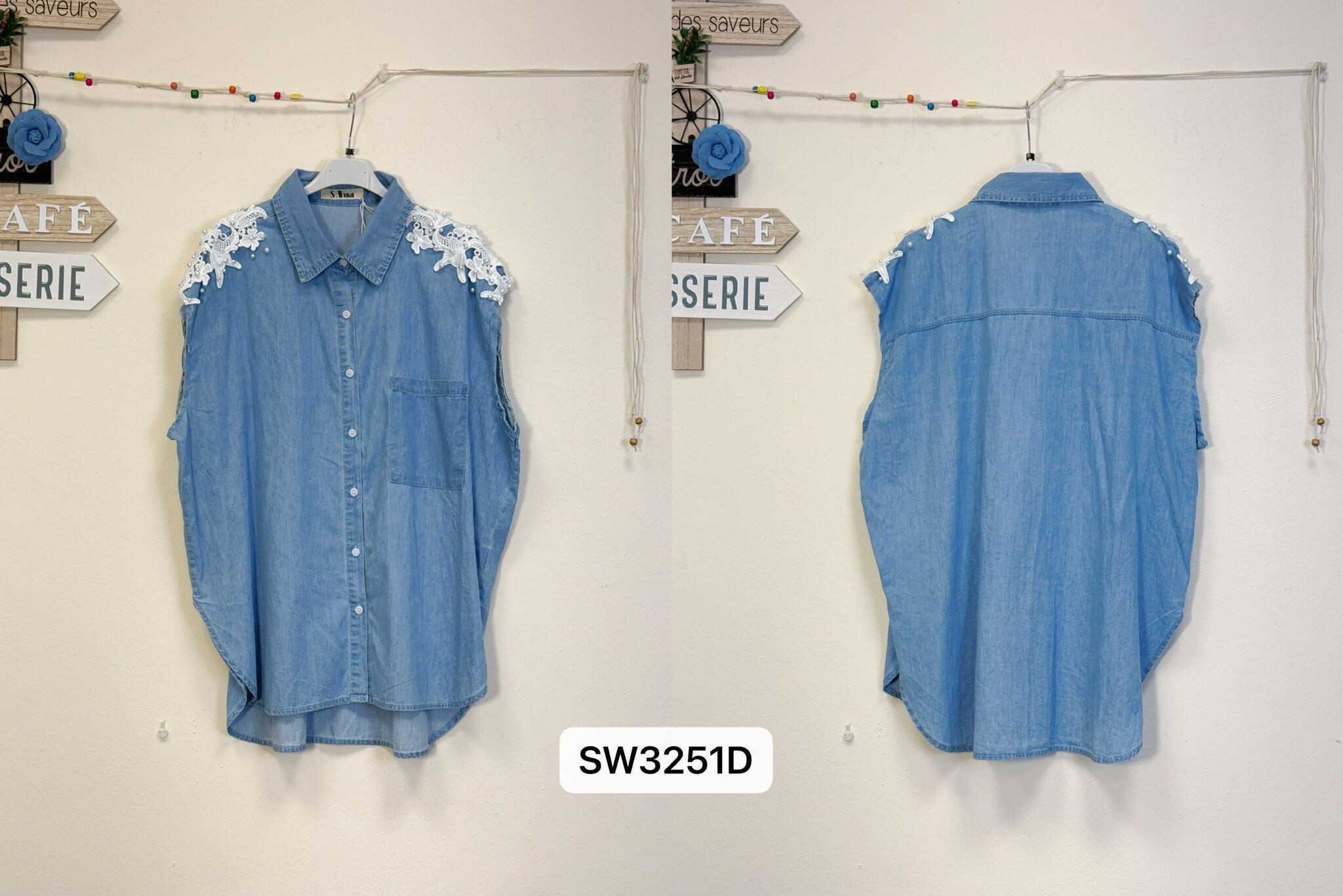 Großhändler Sexy Woman - Kurzärmeliges Jeanshemd mit einzigartigen Perlen