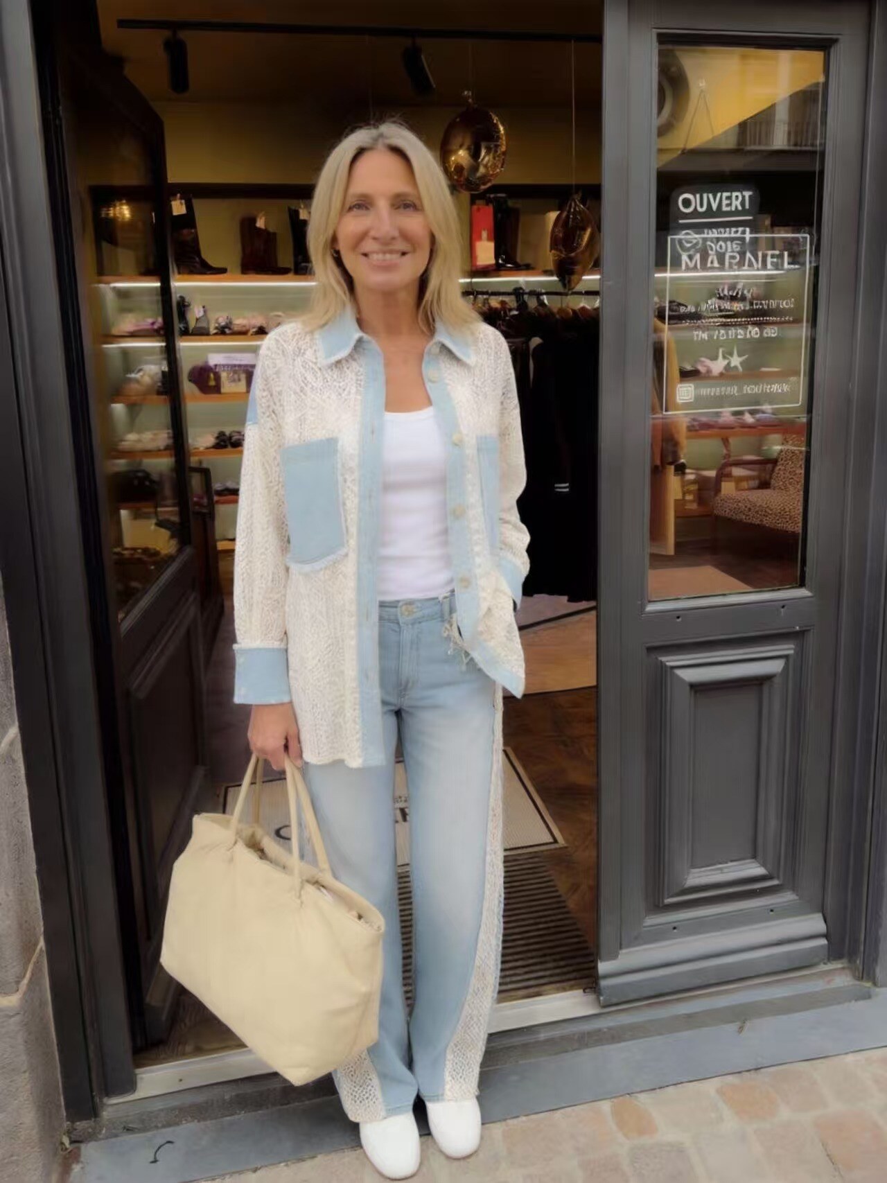 Grossista Sexy Woman - Novità primaverile: camicia in denim all'uncinetto con colletto e tasche, design originale, alla moda e di tendenza, elegante e versatile.