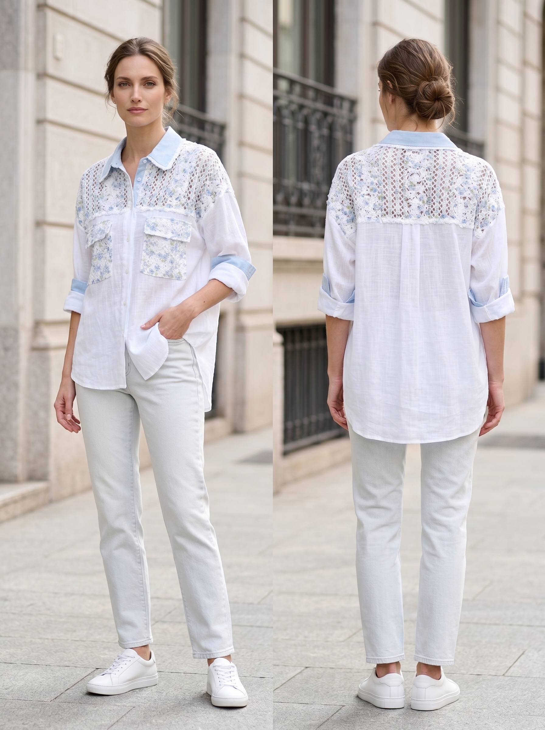 Mayorista Sexy Woman - Nueva llegada: camisa blanca con diseño patchwork en tejido calado y denim. Diseño exclusivo. Elegante, moderna y versátil.