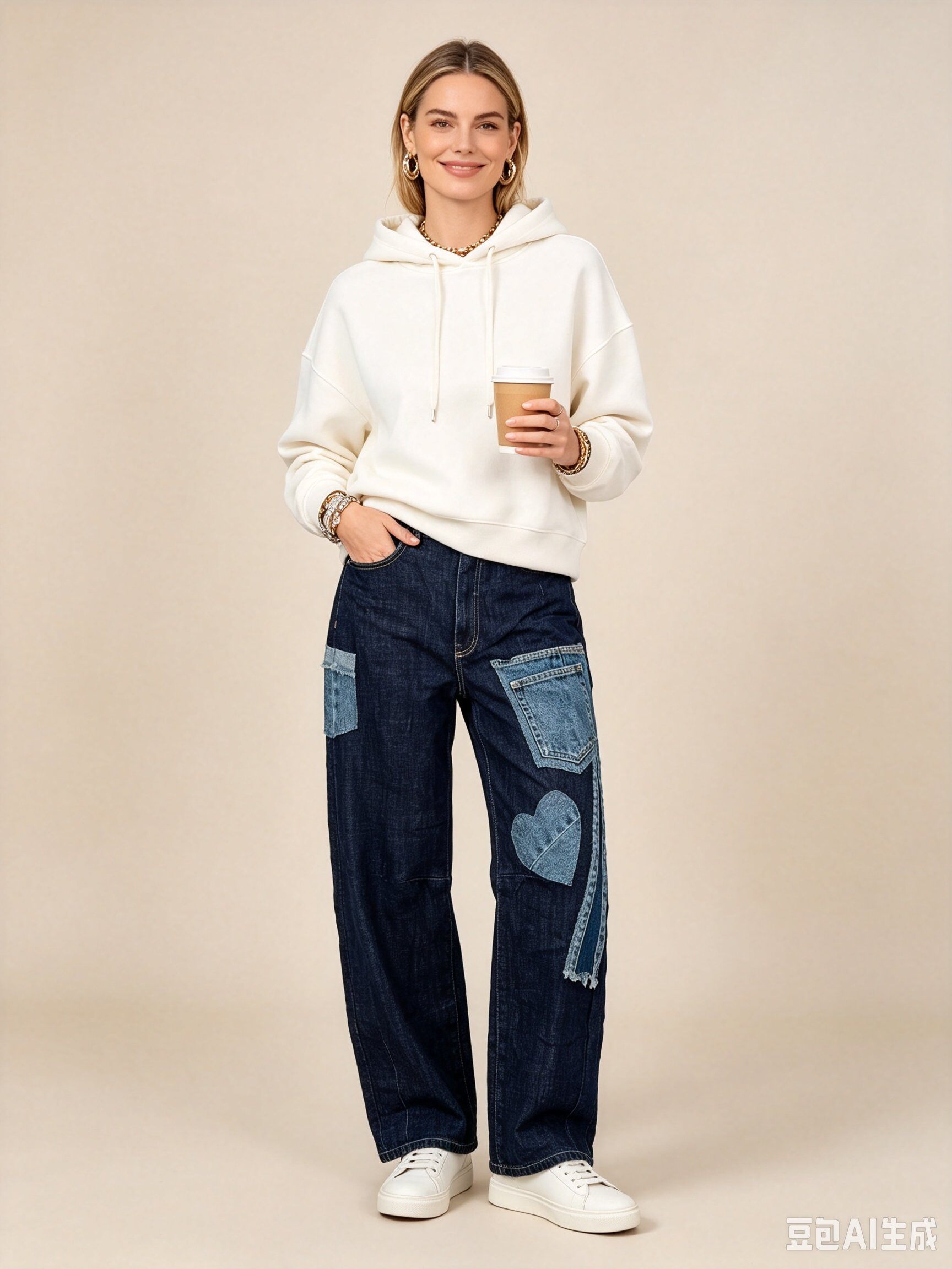 Wholesaler Sexy Woman - Dark blue wide-leg jeans with heart-shaped details on the pockets: stylish, unique, and versatile.