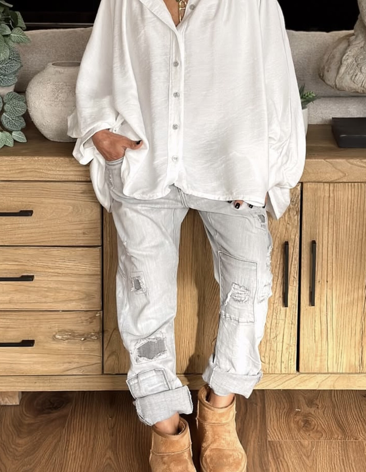 Wholesaler Sexy Woman - Light Grey Boyfriend Fit Jeans with Rolled Hem Soft Denim Original Design