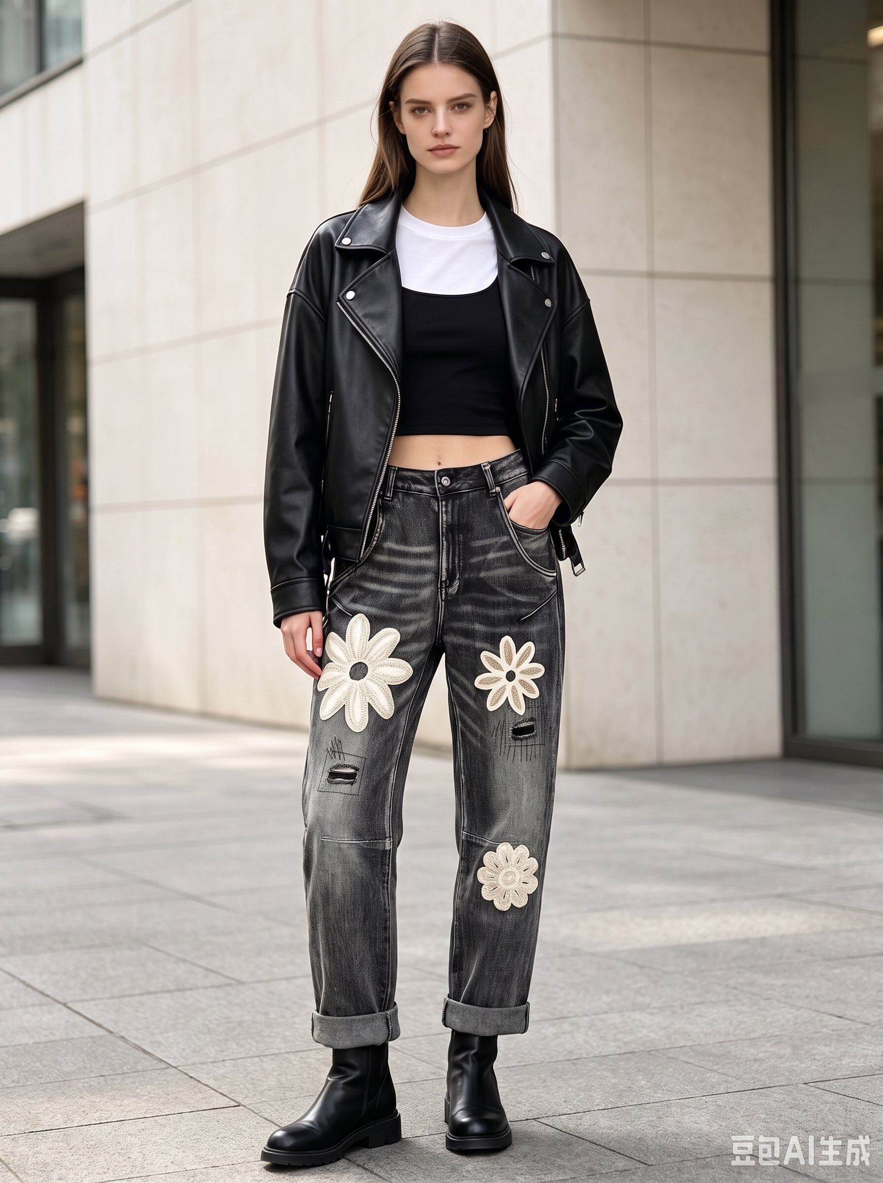 Wholesaler Sexy Woman - Women's black and grey jeans, washed, with floral embroidery and faux rips, dad style.