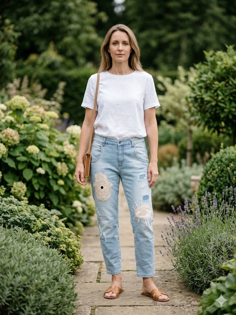 Mayorista Sexy Woman - Estos jeans azules estilo boyfriend presentan un diseño con efecto desgastado, tejido suave y detalles bordados en beige, que los hacen elegantes y versátiles.