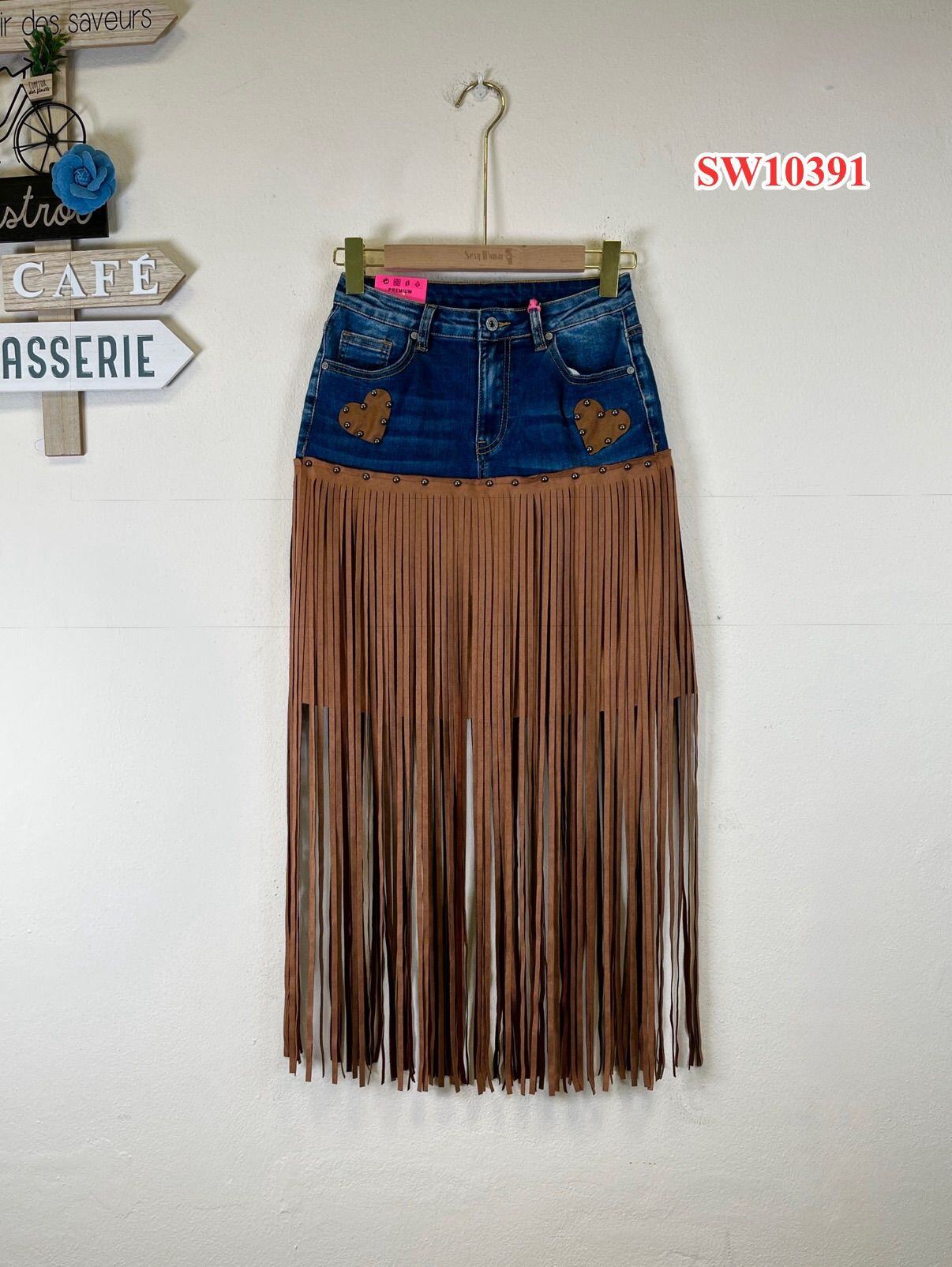 Großhändler Sexy Woman - Neuer Winterstil, Western-Jeansrock mit Herzmuster und braunen Wildlederfransen. Weit, modisch und vielseitig.