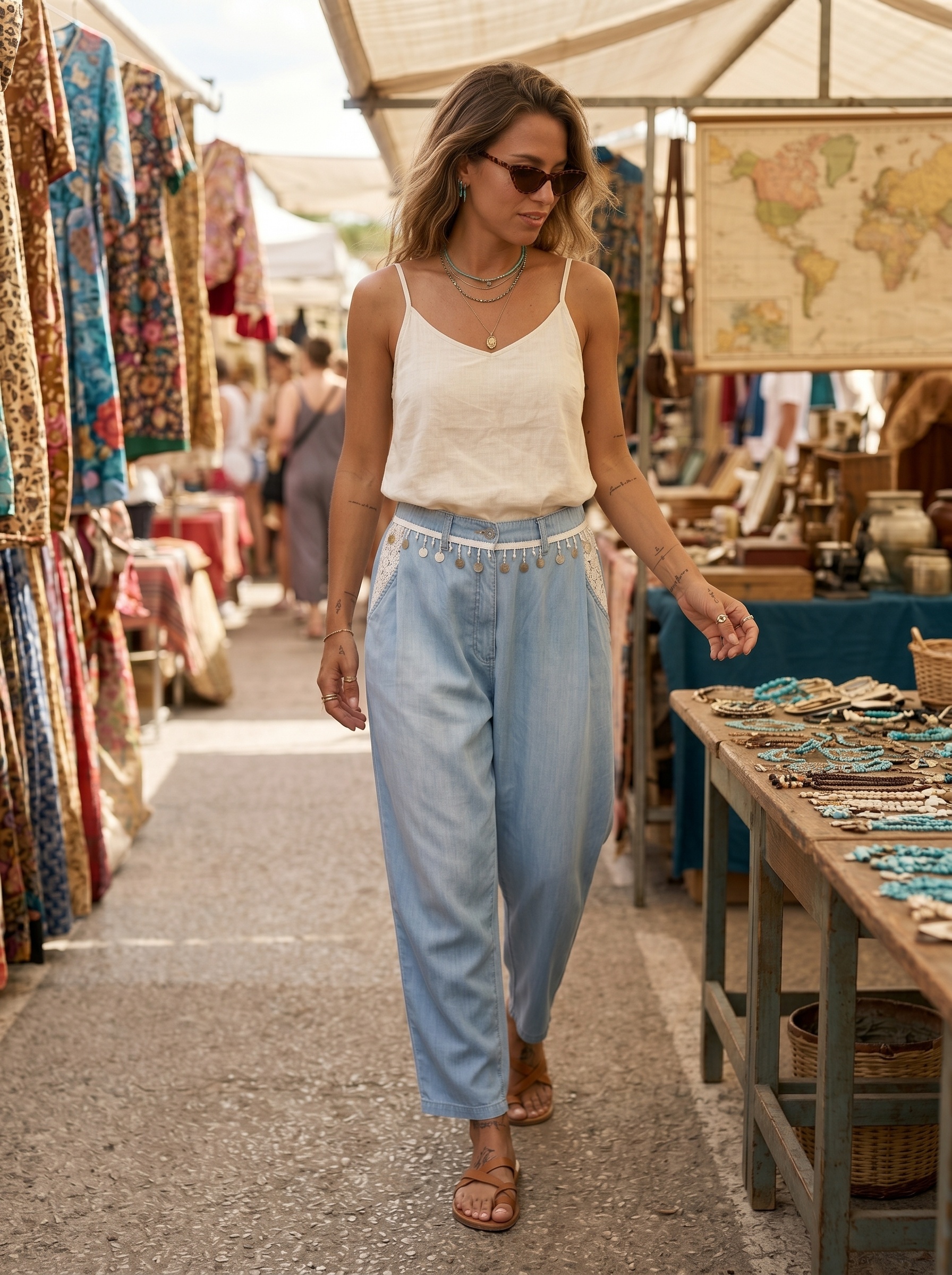 Mayorista Sexy Woman - Pantalones de Tencel con adornos de conchas en la cintura y detalles de encaje en los bolsillos; diseño exclusivo, a la moda, moderno y versátil.