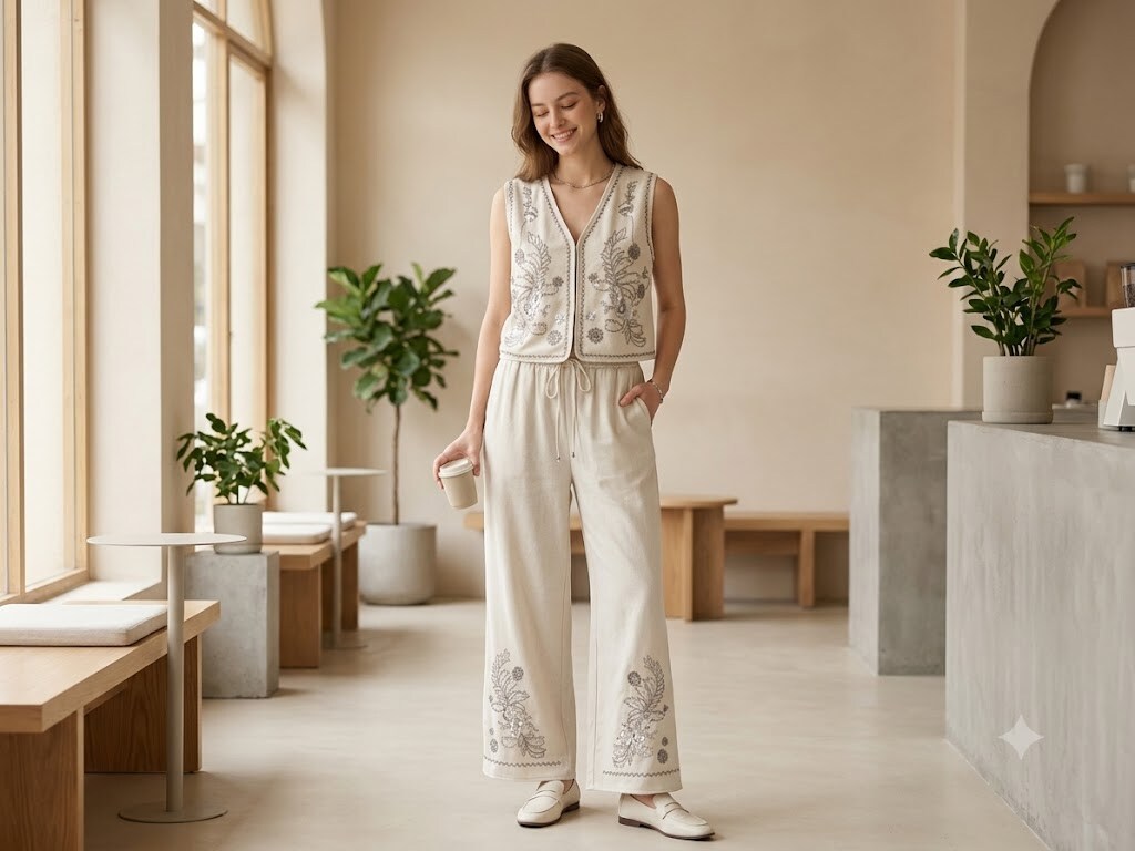 Wholesaler Sexy Woman - Exquisite V-neck vest with floral rhinestone embroidery, paired with wide and flowing trousers.