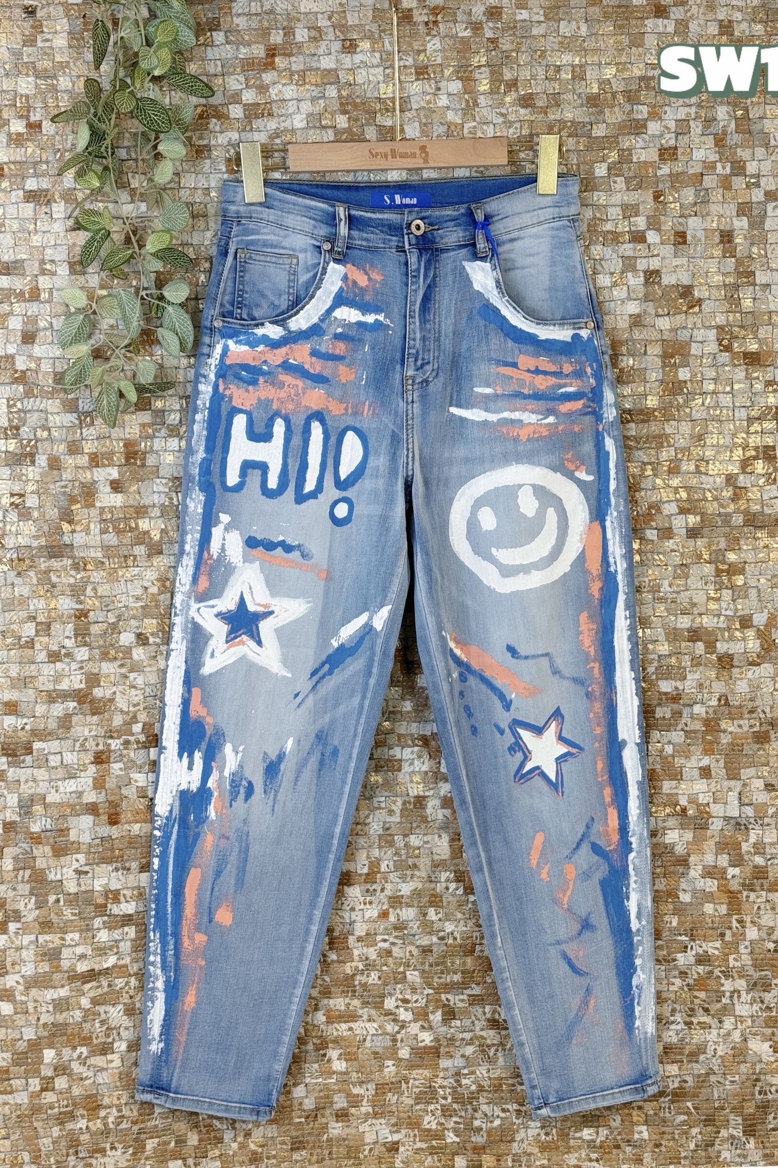 Wholesaler Sexy Woman - Light Blue Soft Boyfriend Fit Jeans, Brush Strokes, Original Design