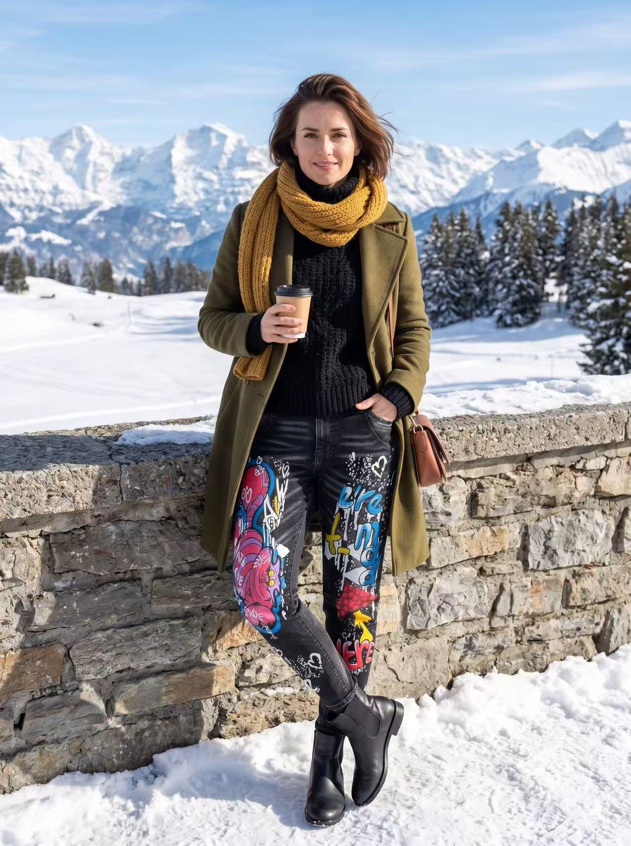 Wholesaler Sexy Woman - Trendy black jeans with graffiti print, straight-leg pants with a worn effect in streetwear style, fashionable and versatile.