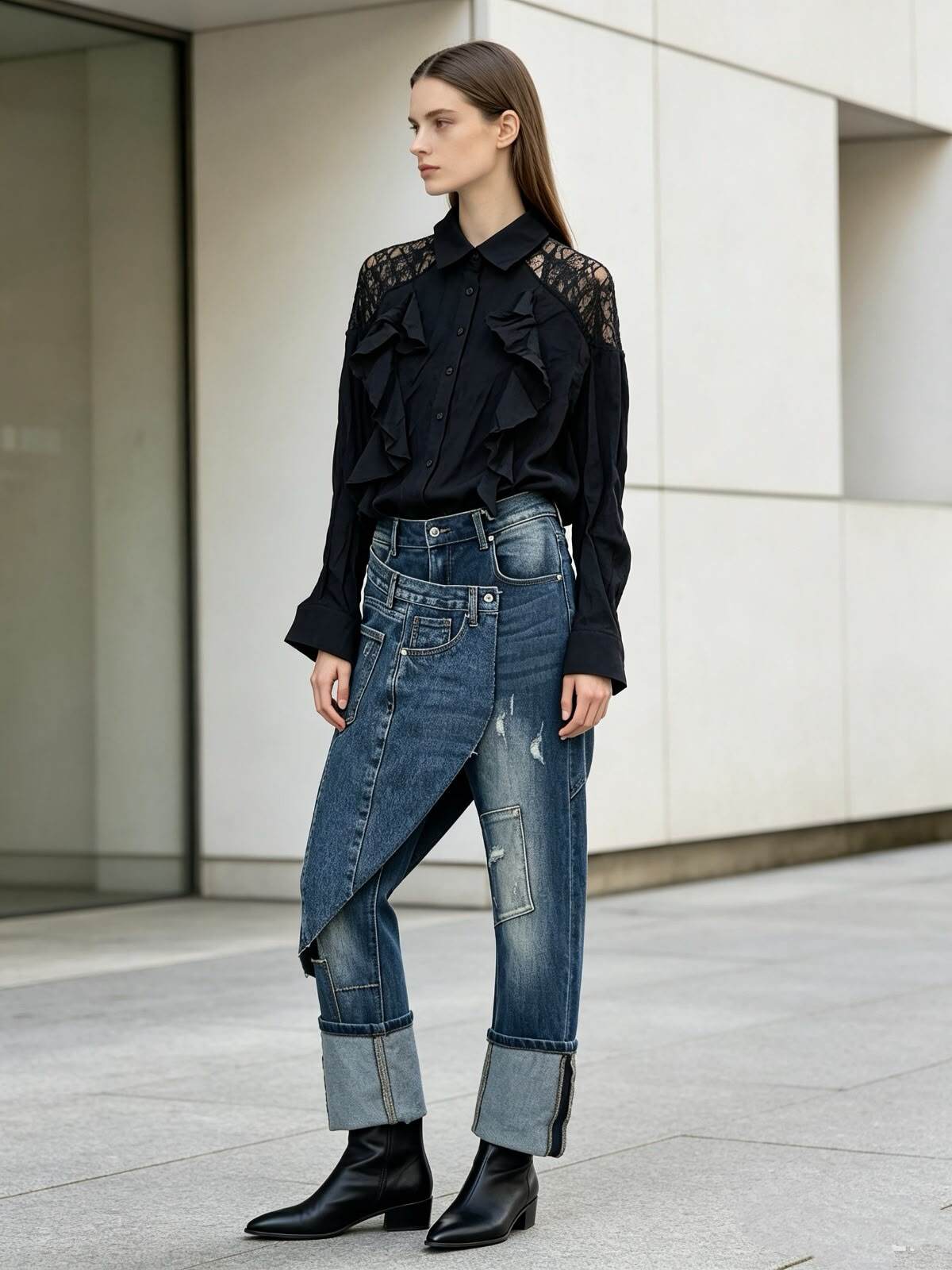 Grossista Sexy Woman - Jeans asimmetrici decostruiti, in denim effetto vintage lavato, con molteplici dettagli patchwork e orli risvoltati.
